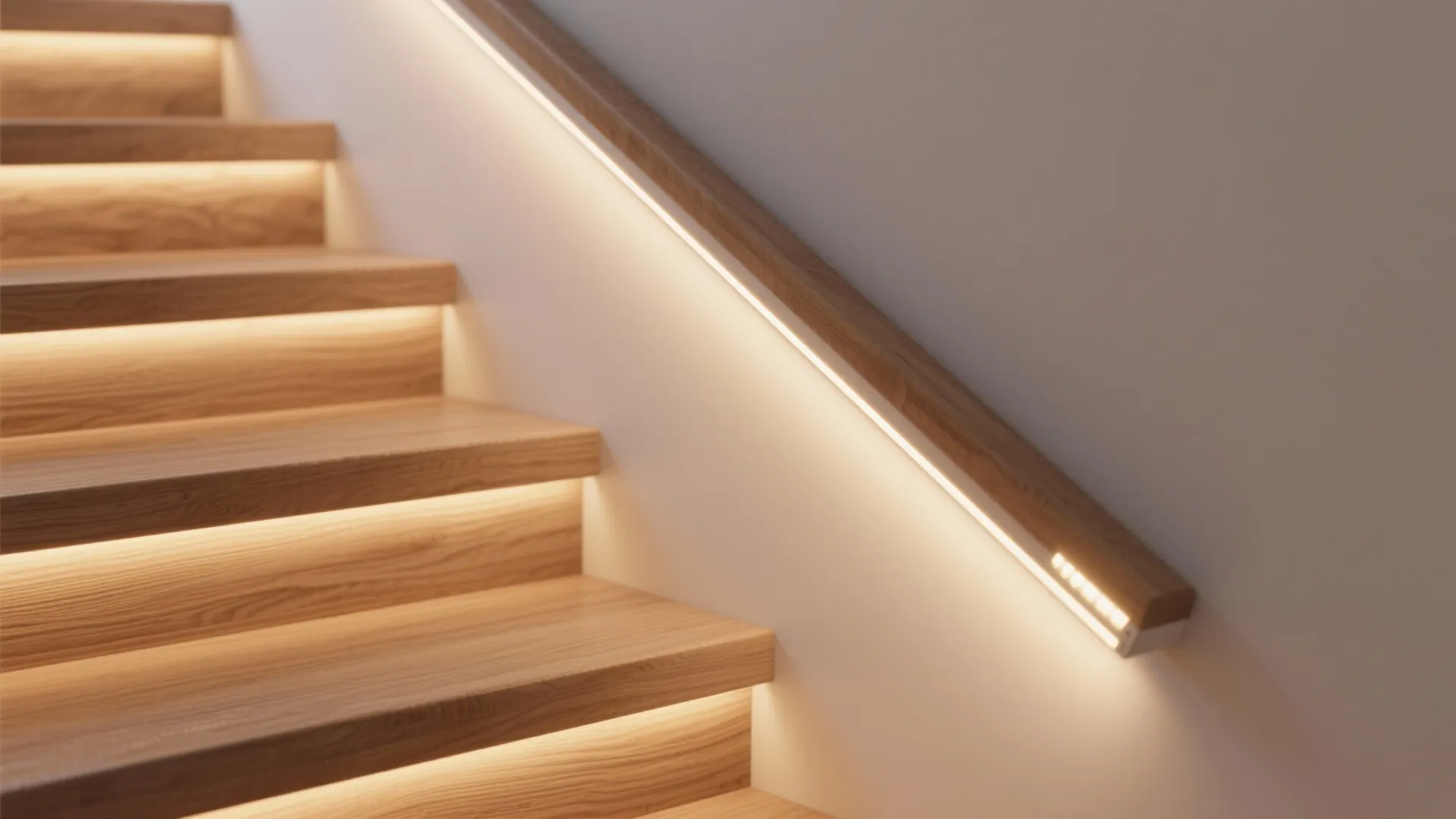 Integrated LED strip glowing softly under a wooden handrail providing continuous stair illumination