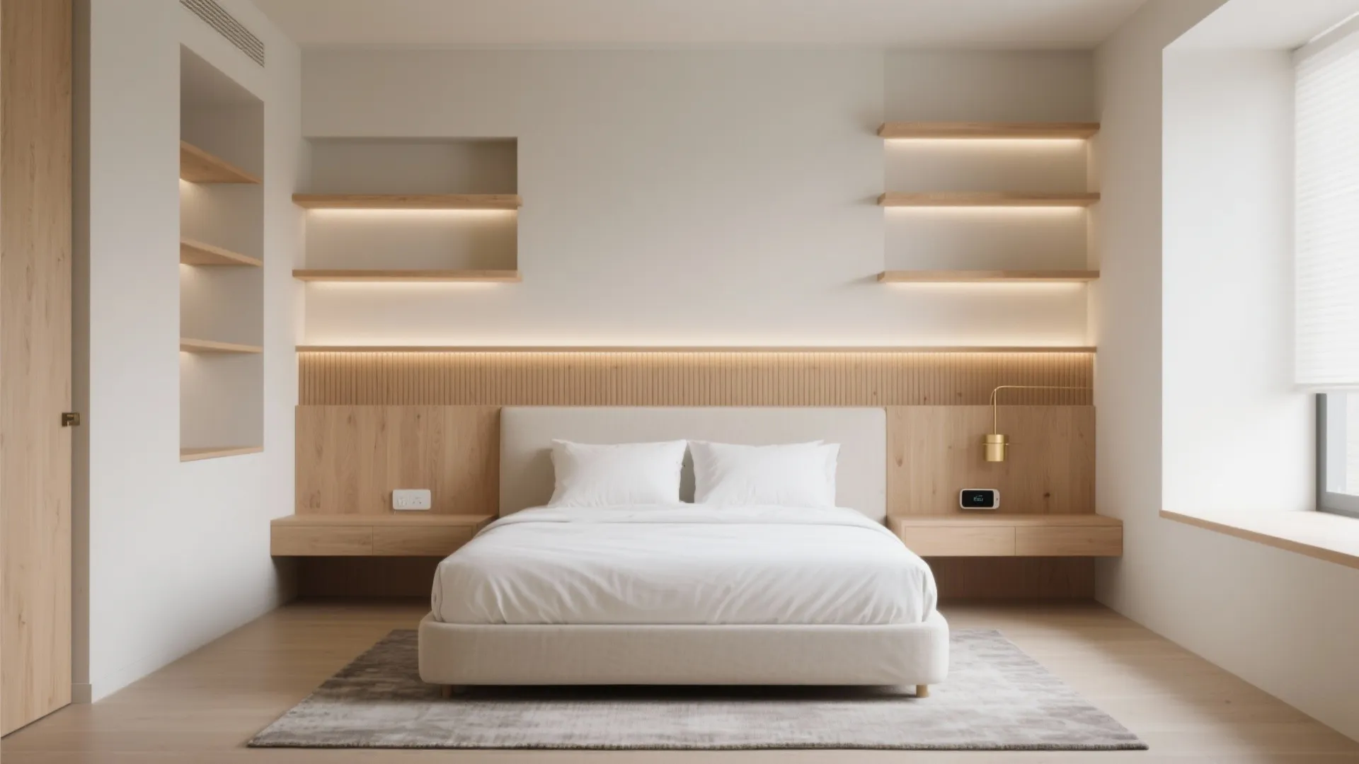 Minimal integrated headboard wall with shallow niches and warm LED lighting framing a king bed in a compact room.