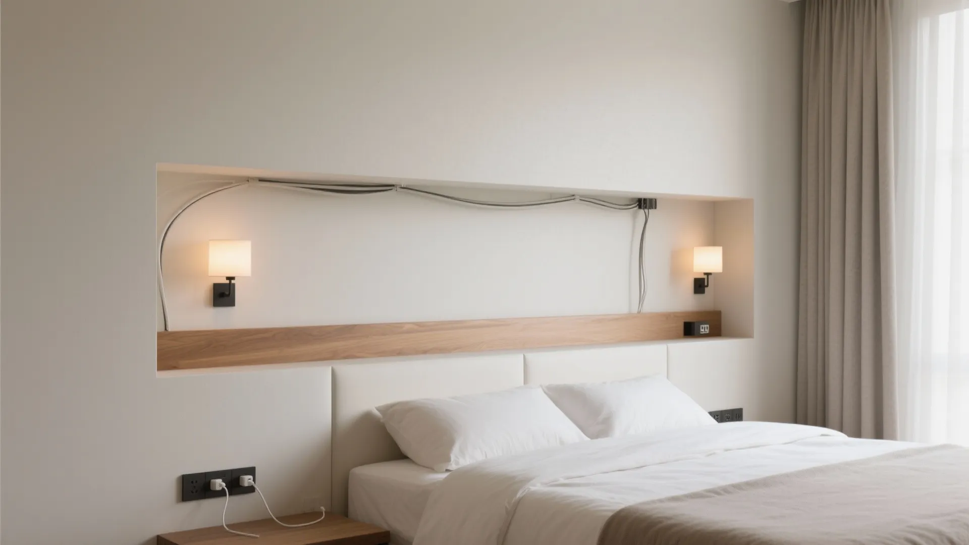 Modern bedroom with white bed and wall lights inside a long wooden shelf above headboard