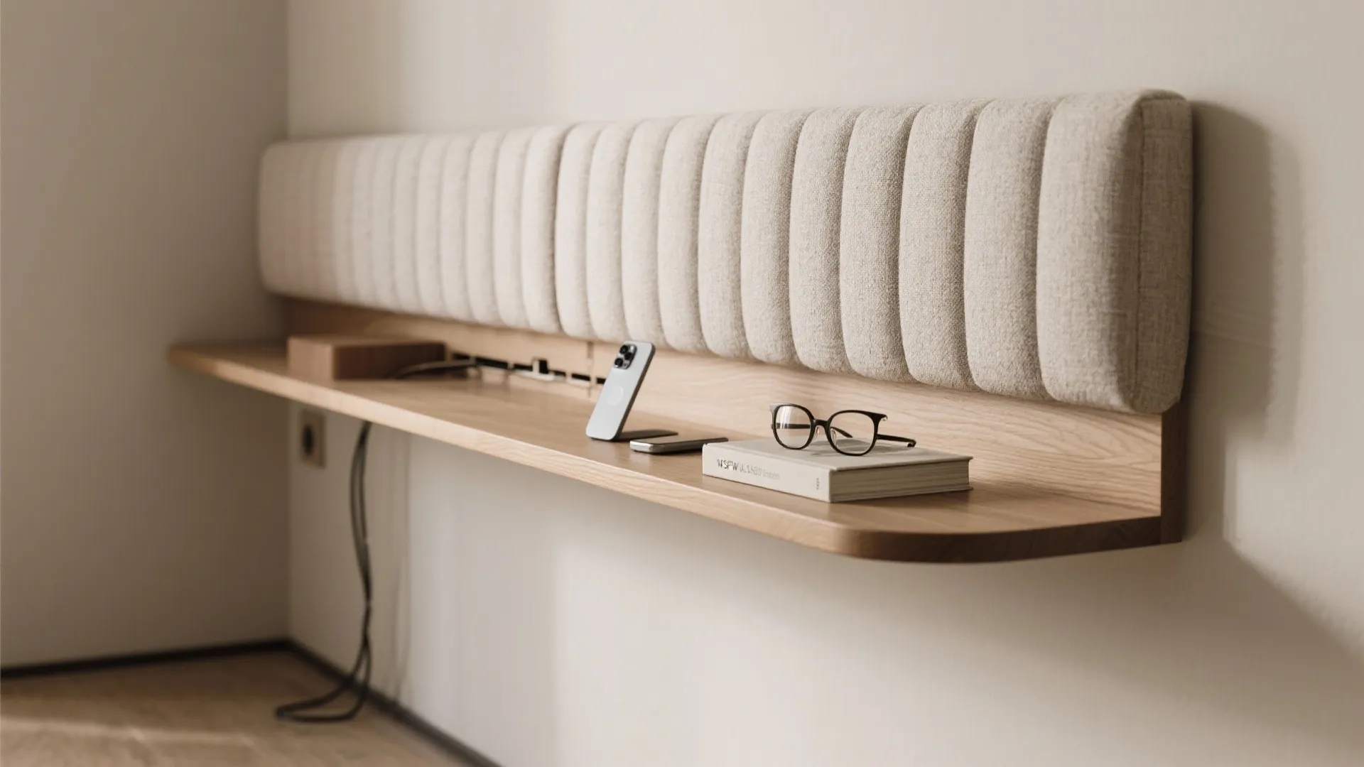 Macro of upholstered headboard with shallow wood ledge and floating night shelf.