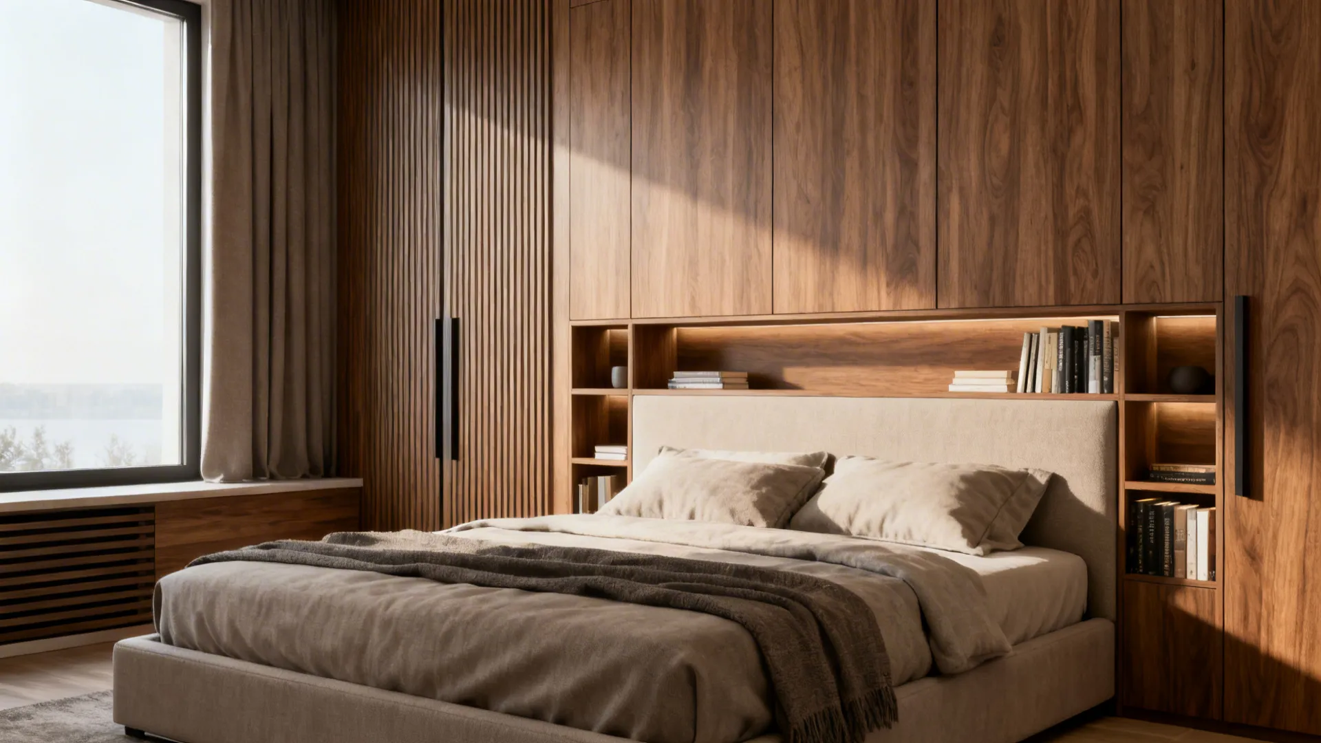 Bed headboard and wardrobe with integrated slim vertical cubbies for books in a small bedroom.