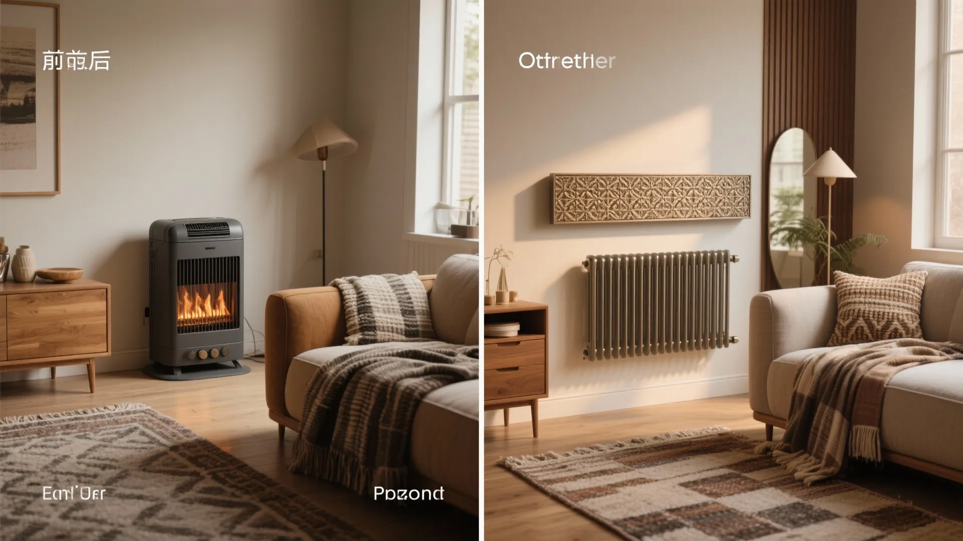 Before and after comparison of a floor fireplace versus a wall mounted grey radiator panel