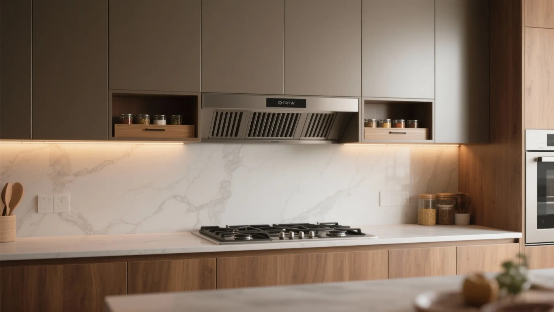 Contemporary kitchen featuring grey and wood cabinets with a metal stove hood and marble backsplash