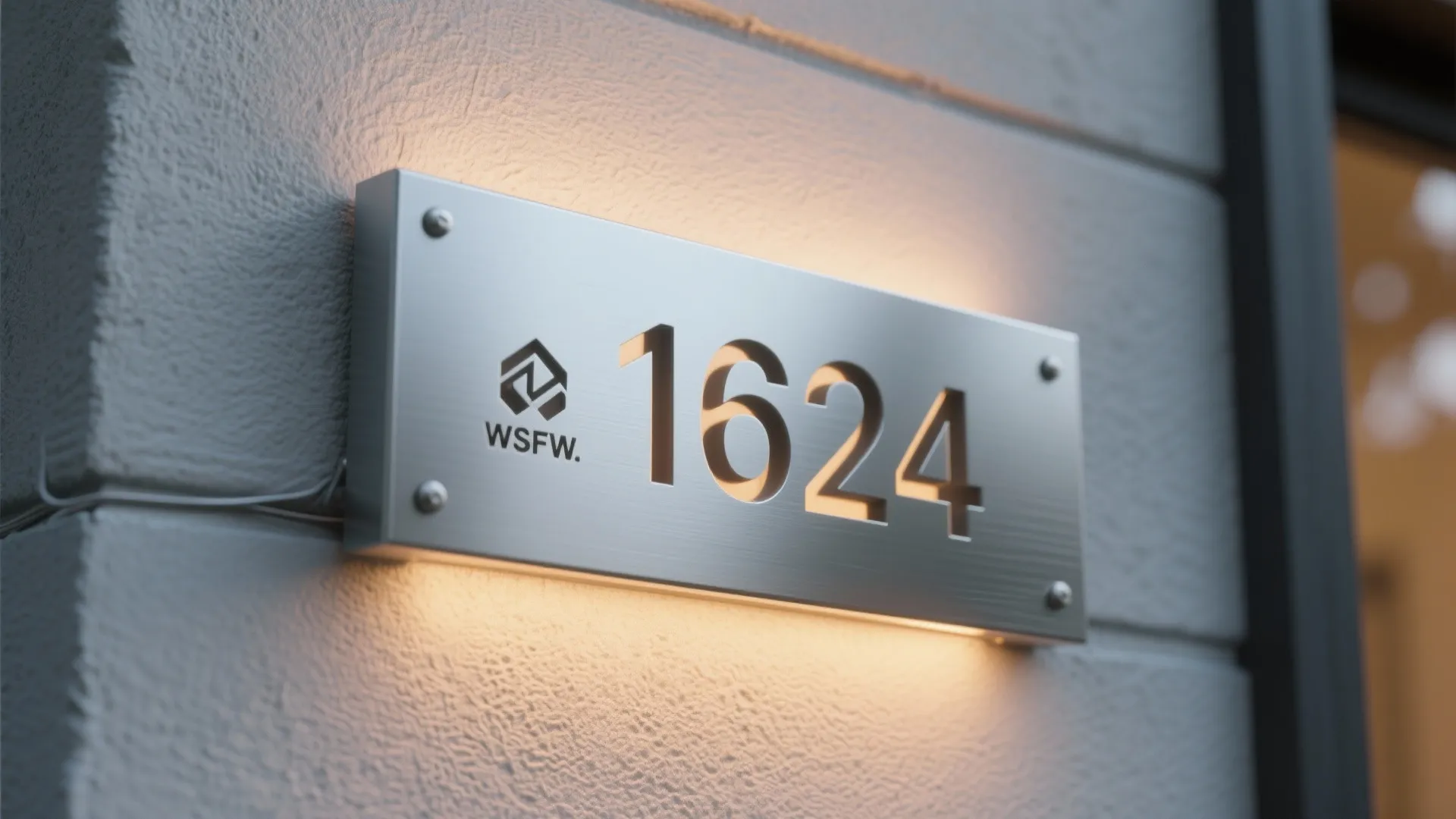 Silver metal house number plate with built-in light fixture glowing on a grey stone wall