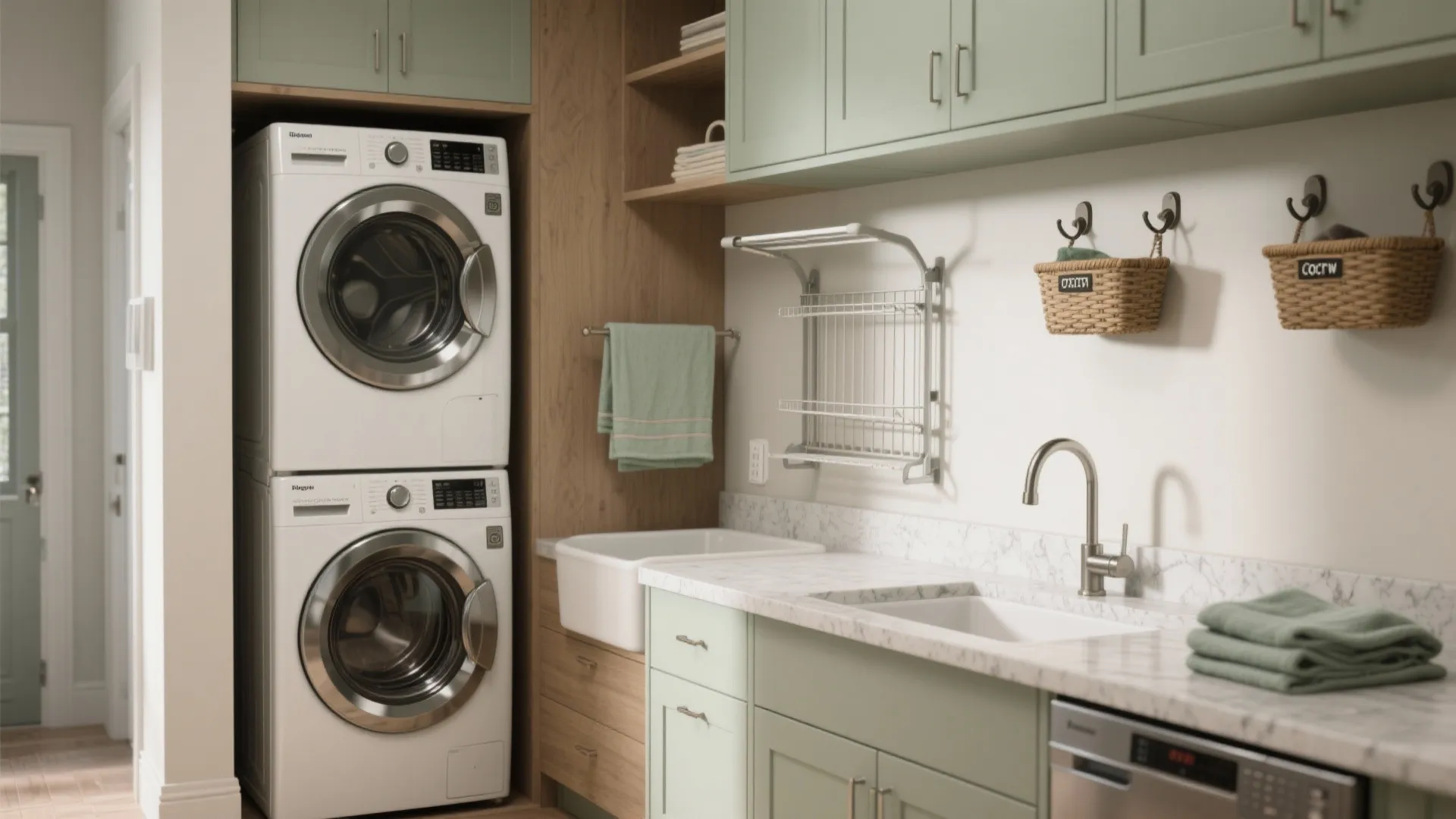 Integrated laundry hub with washer-dryer, wall-mounted drying rack and a small utility sink