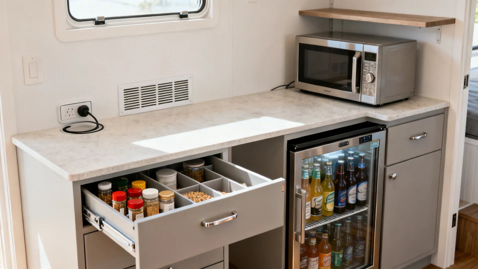 Compact kitchen island with microwave drawer, beverage fridge, and organized drawers.