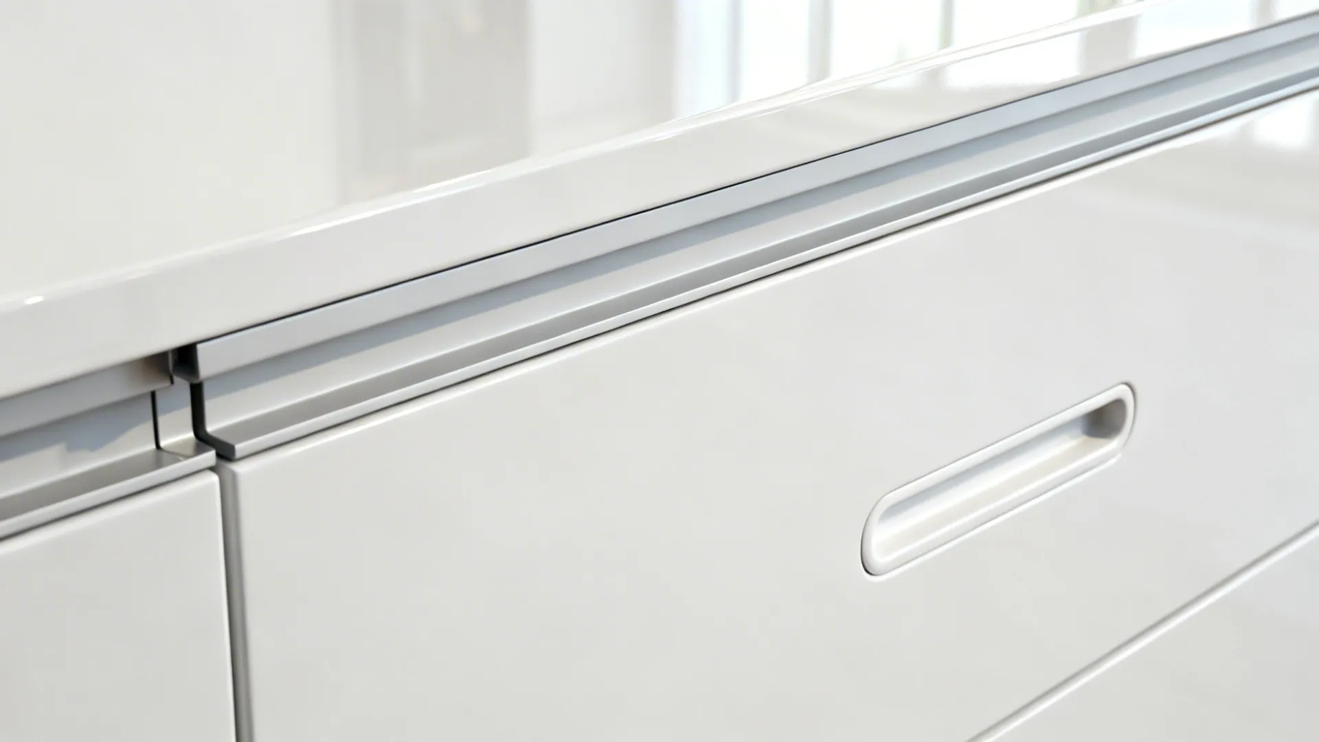Close-up of integrated J-channel rail and routed finger pull on glossy white cabinetry.