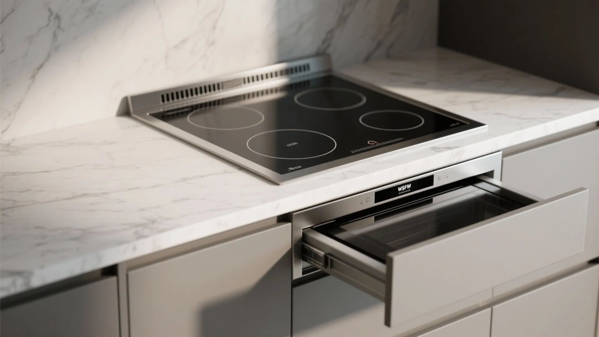 Close-up of an integrated induction cooktop with built-in venting and a drawer microwave in a compact kitchen.