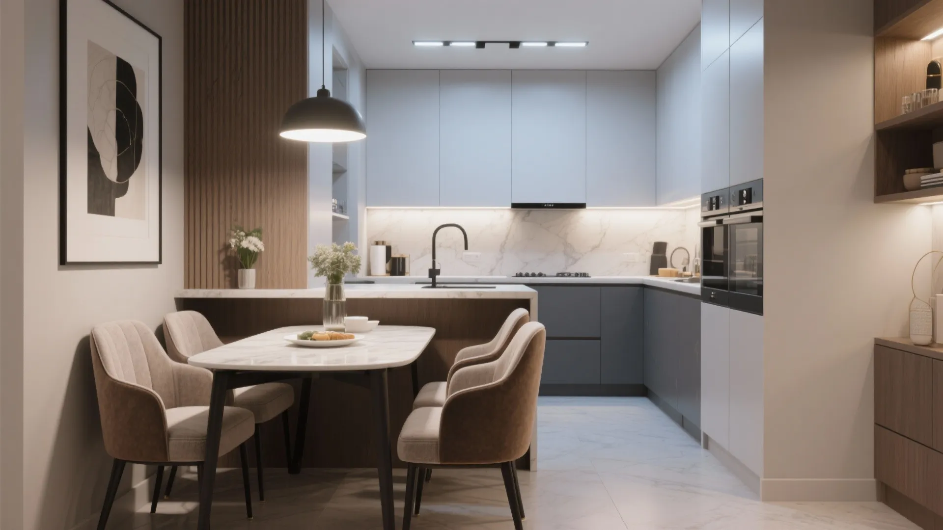 Open plan kitchen and dining room with marble table grey cabinets and black ceiling light