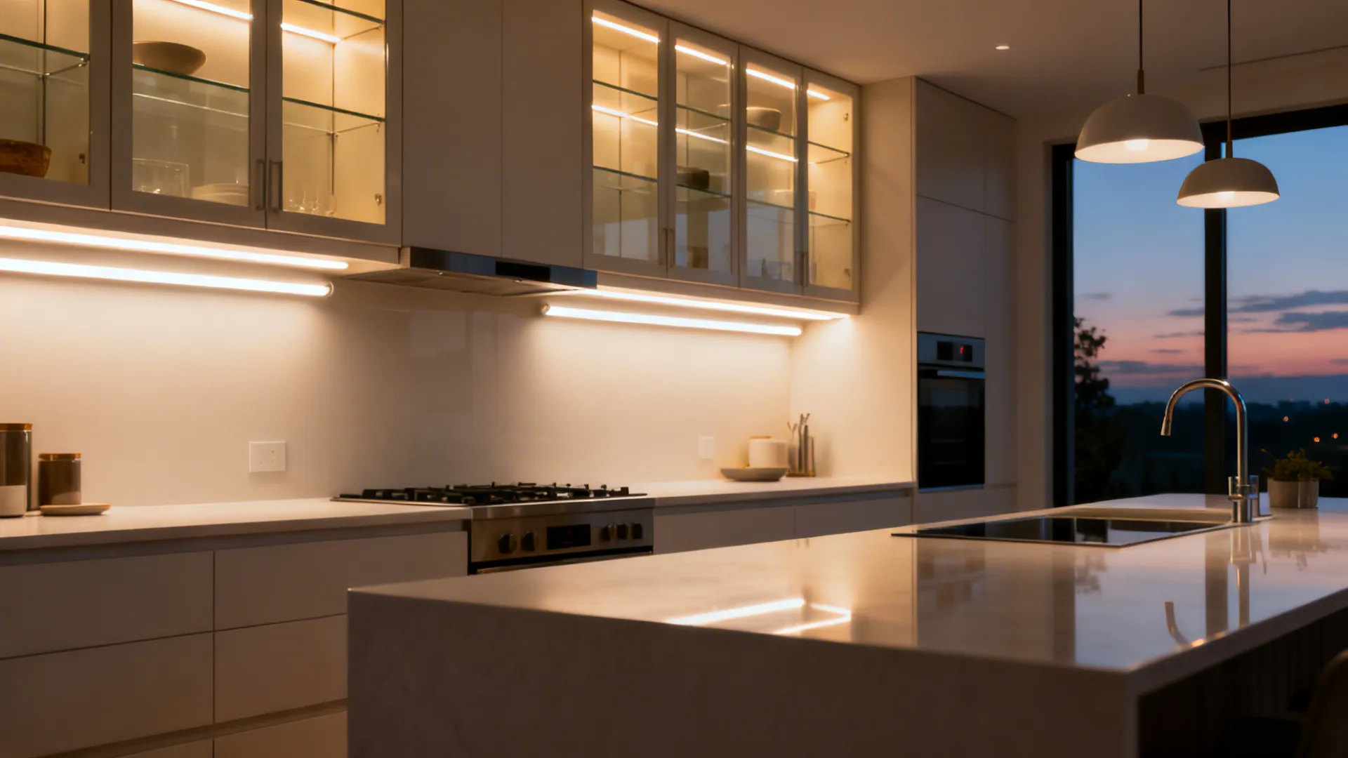 White kitchen with under-cabinet LED strips and softly lit glass uppers.