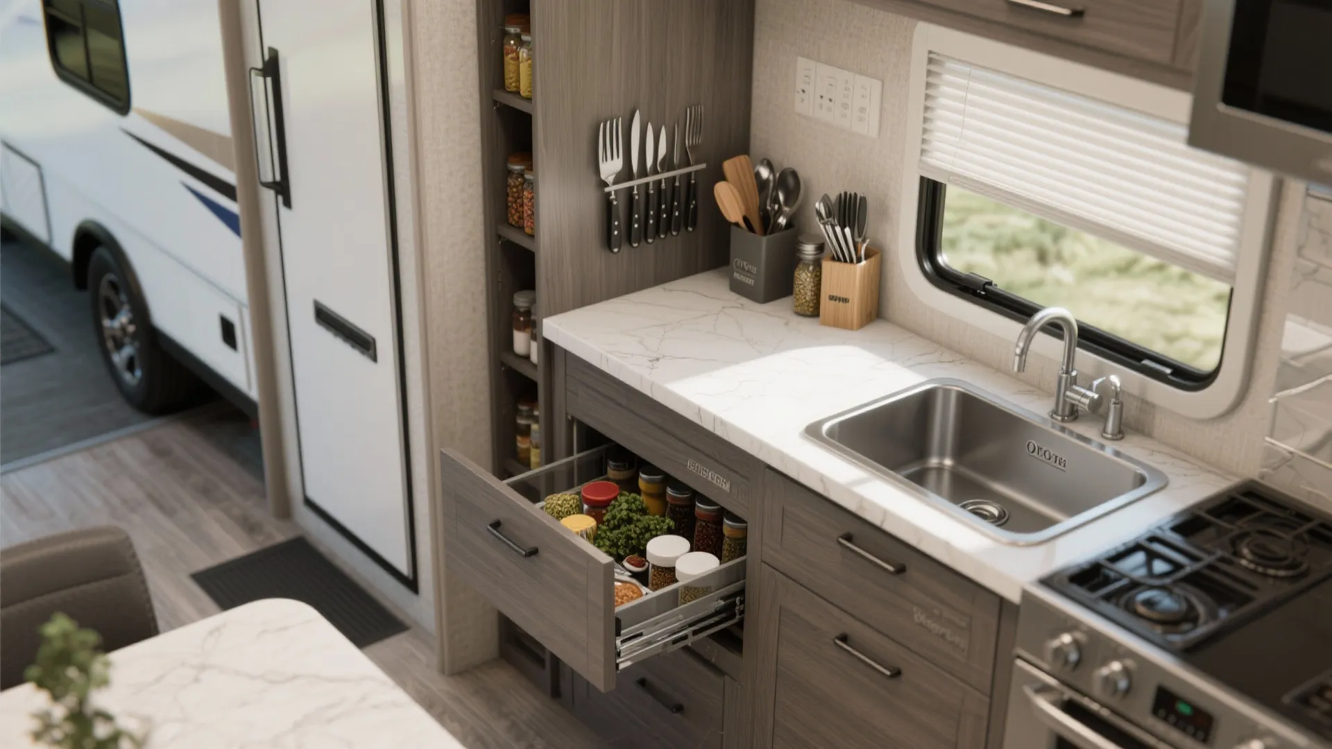 Compact fifth wheel kitchen with pull-out pantry and appliance garage, organized countertop.