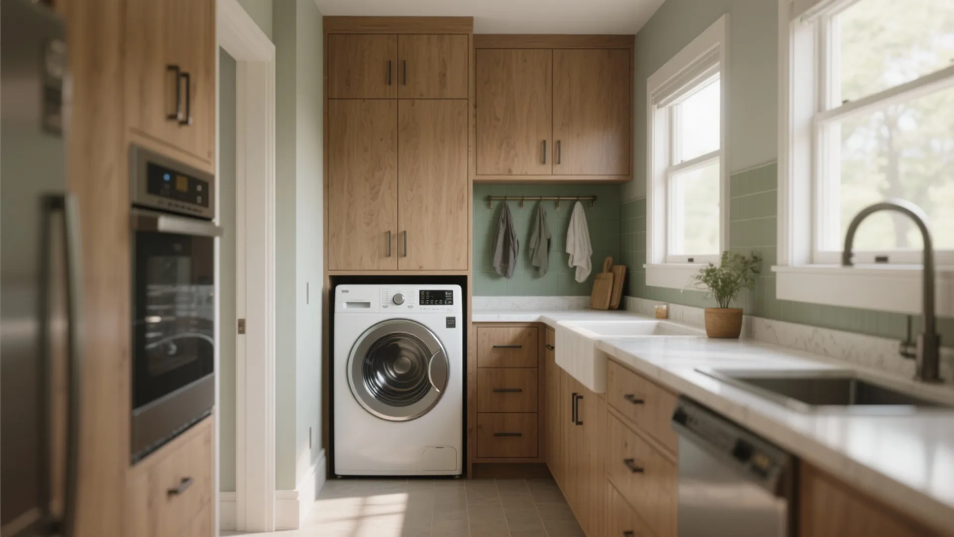 Modern laundry room with wooden cabinets white washing machine marble countertop green backsplash and kitchen sink