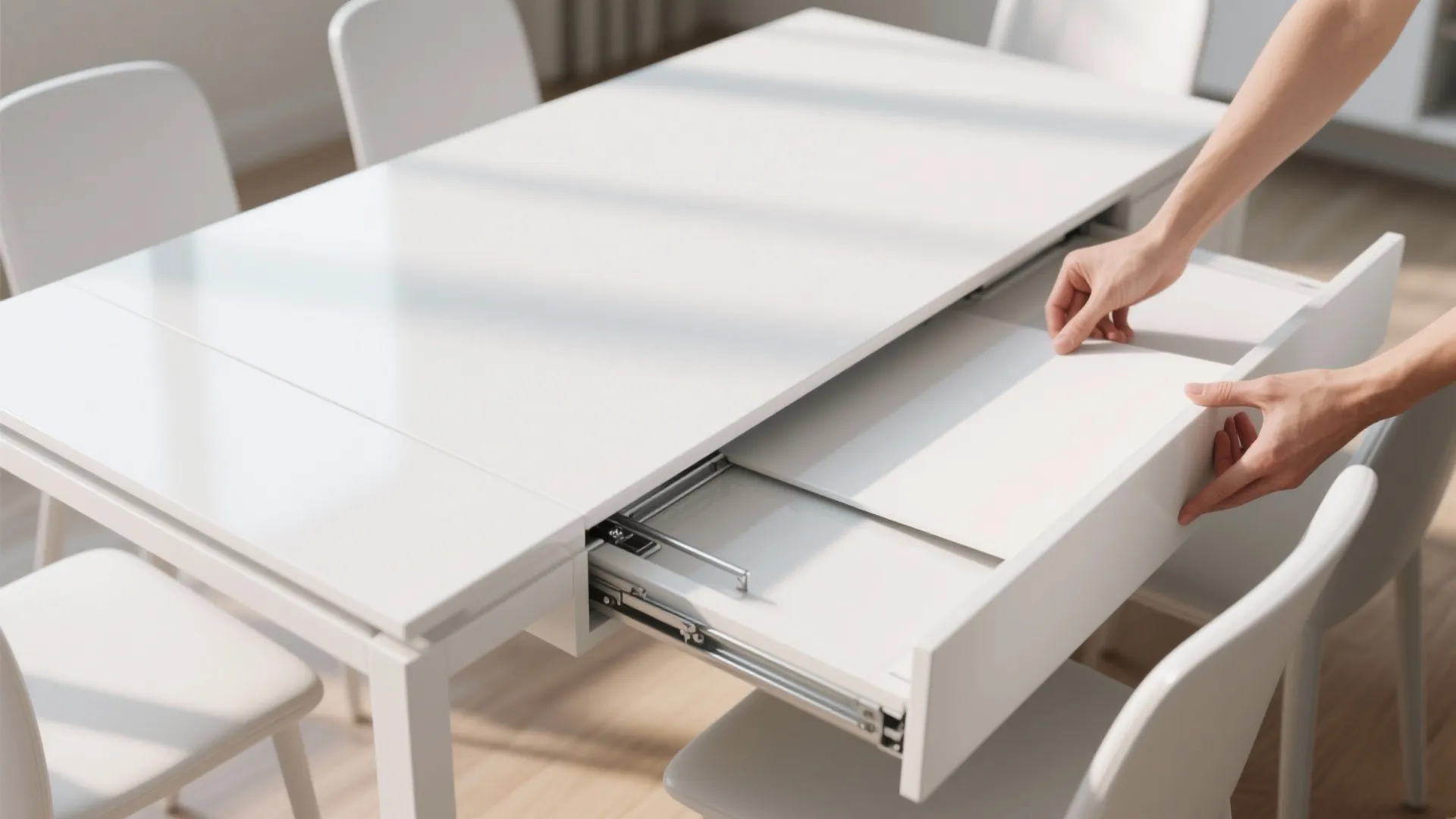 A person is manually pulling out a white extension panel from a modern dining table