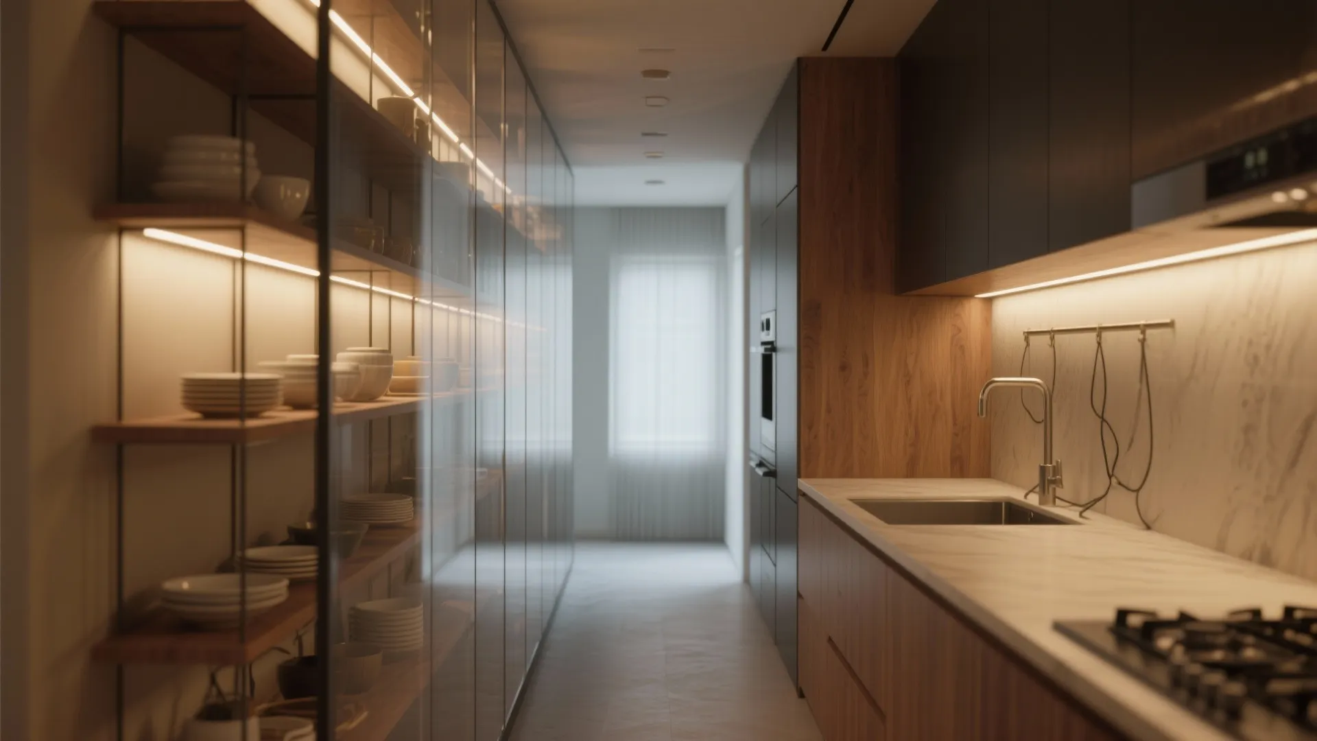 5. Integrated glass with LED lighting and open shelving