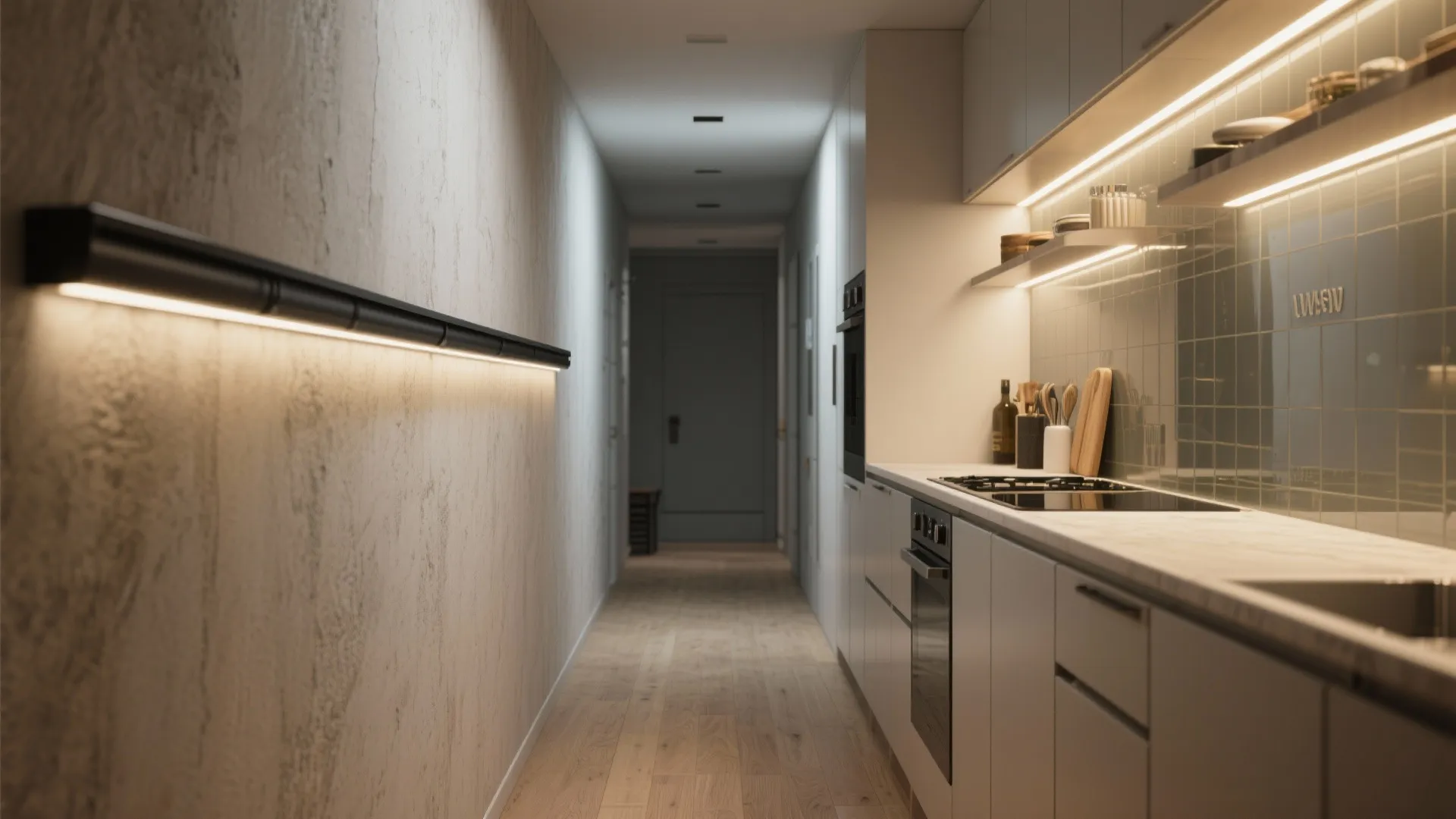 Before and after of a galley kitchen wall with vertical integrated LED bars improving even task lighting.