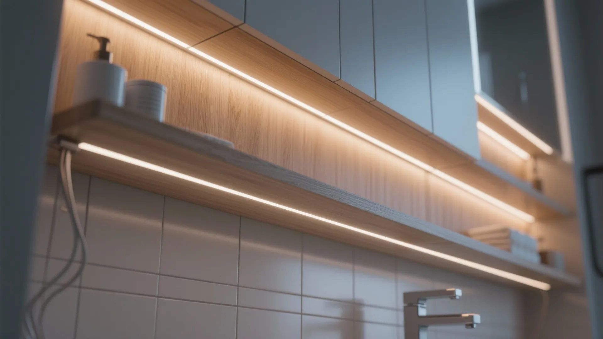 Close up of wooden shelves with light strips above white wall tiles and bathroom water tap