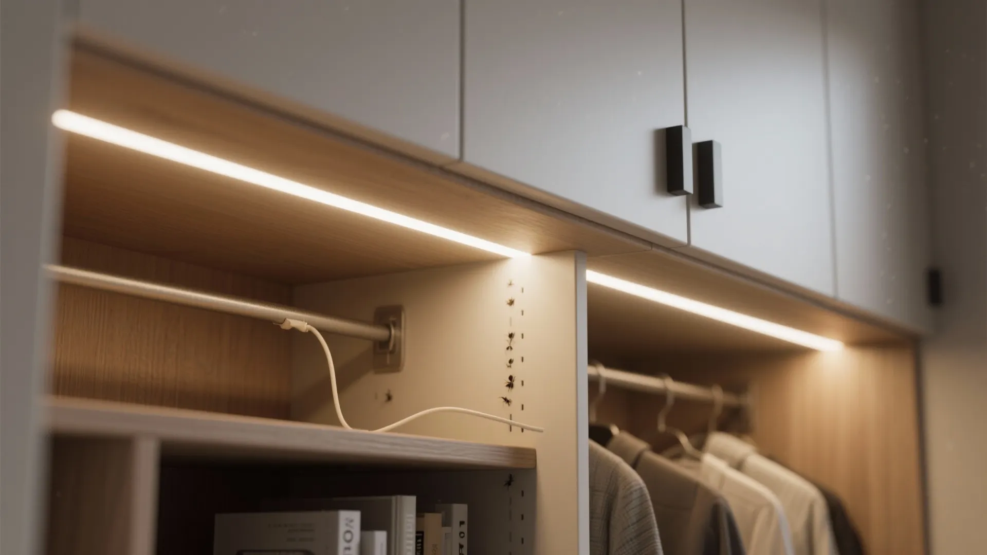 Interior of wooden closet with light fixture strip and small insects visible on the white shelf