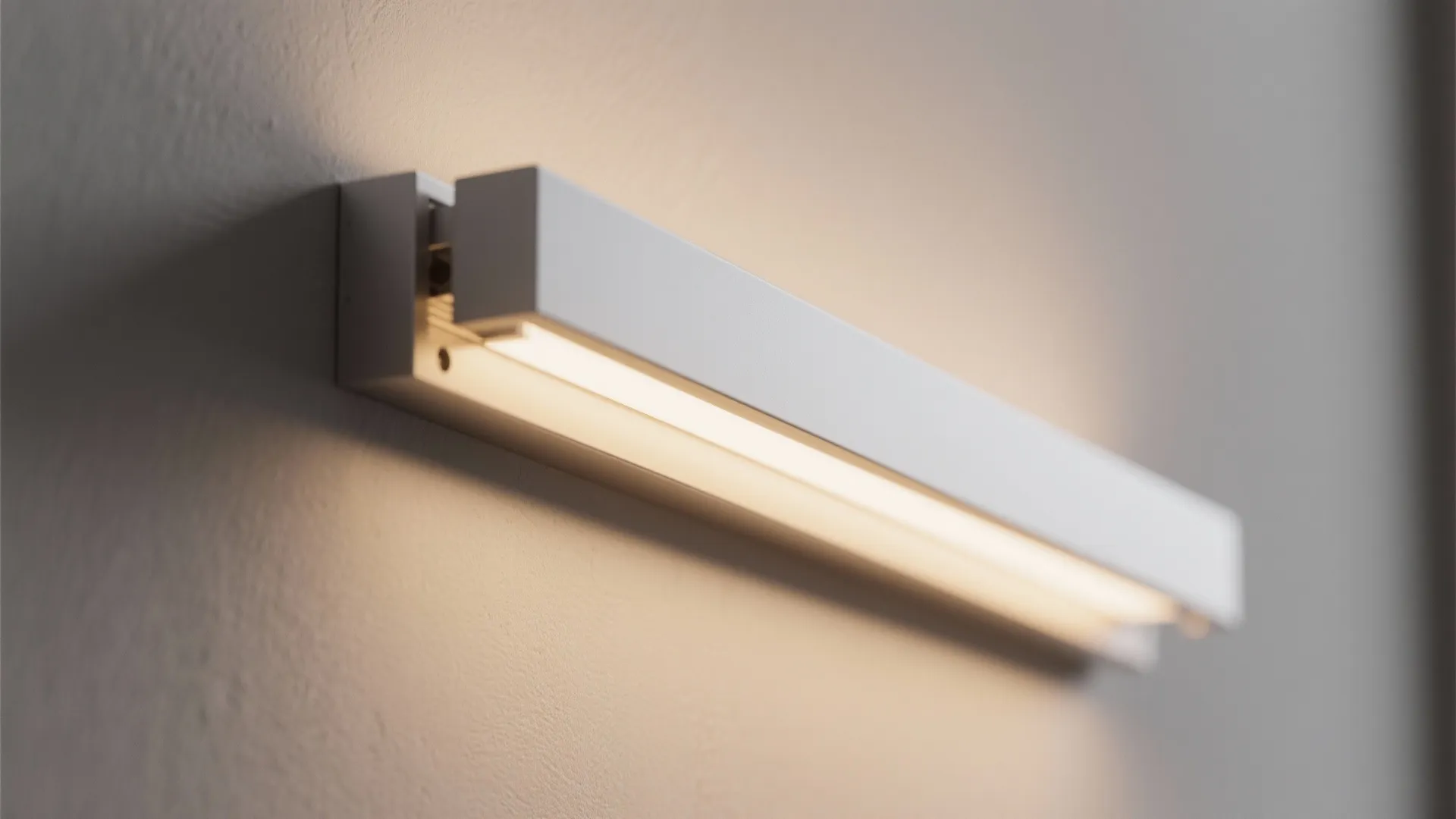 Close up view of a modern white linear wall light fixture shining on a wall