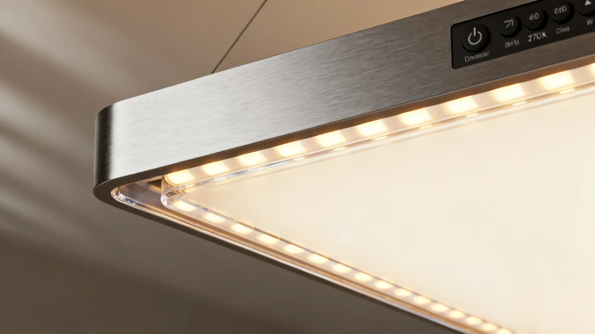 Macro view of a slim integrated LED chandelier showing warm diffused light and material details.