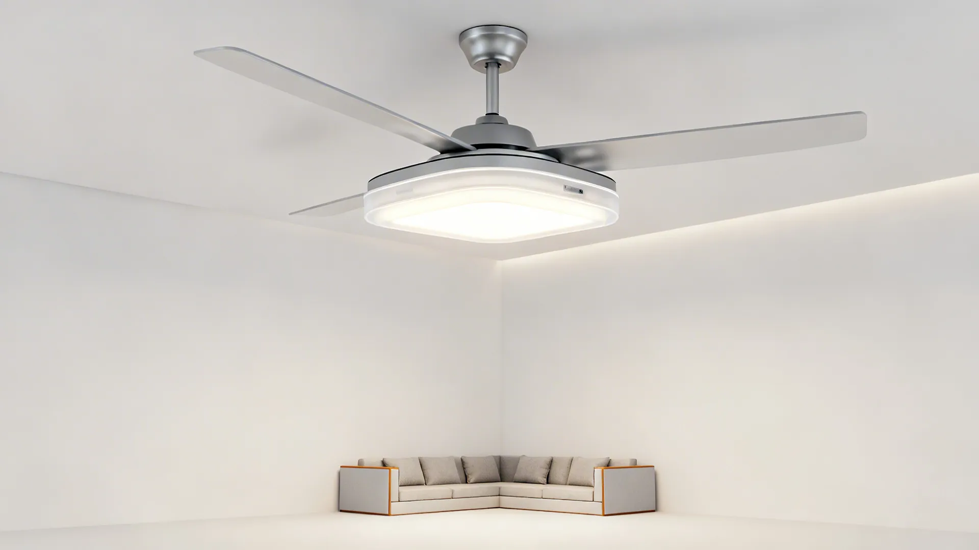 Minimalist loft with a slim integrated LED ceiling fan providing even, shadow-free light