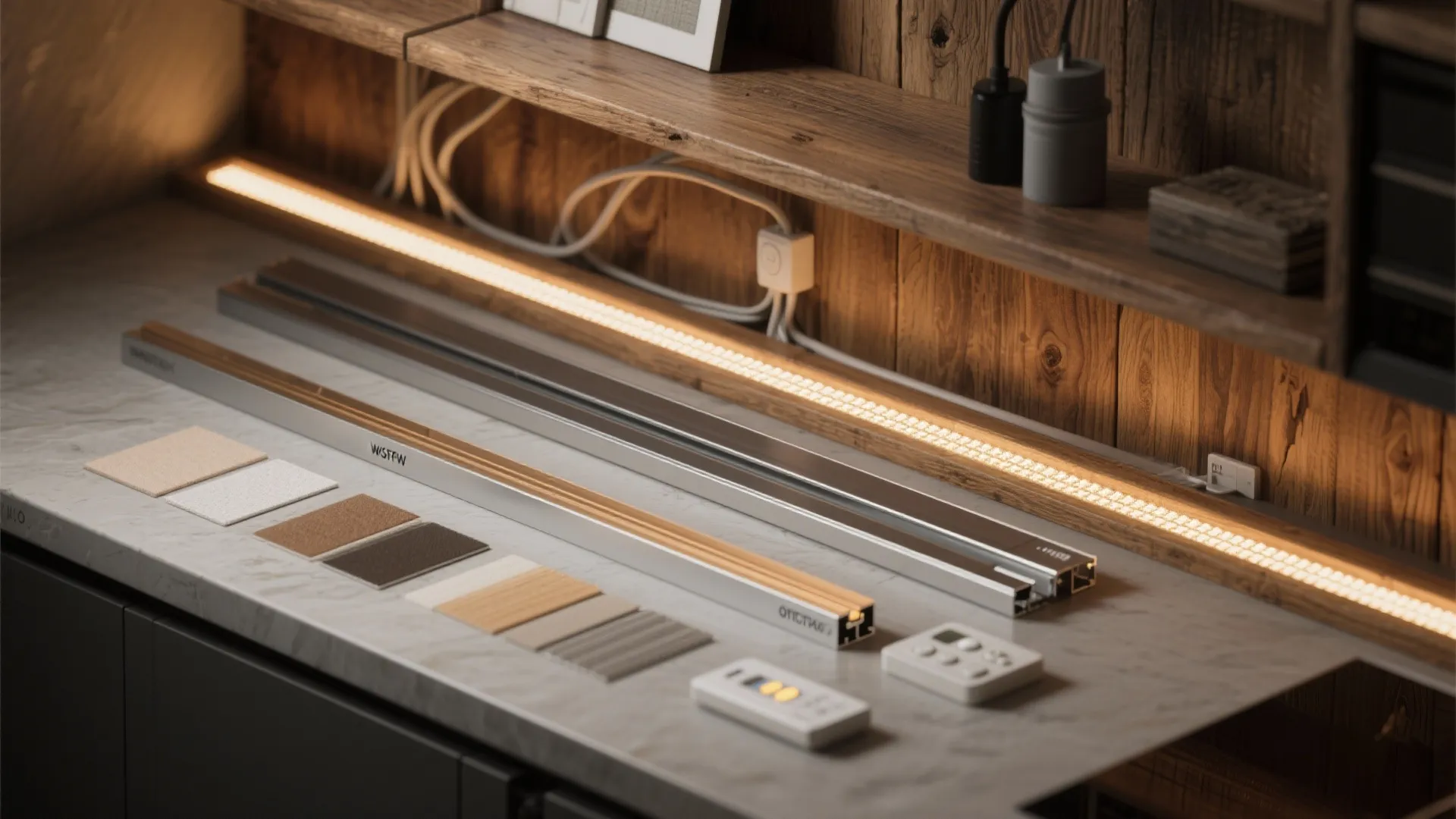 Flatlay of integrated LED strips, timber shelving details, diffusers and low-profile fixtures for retail displays.