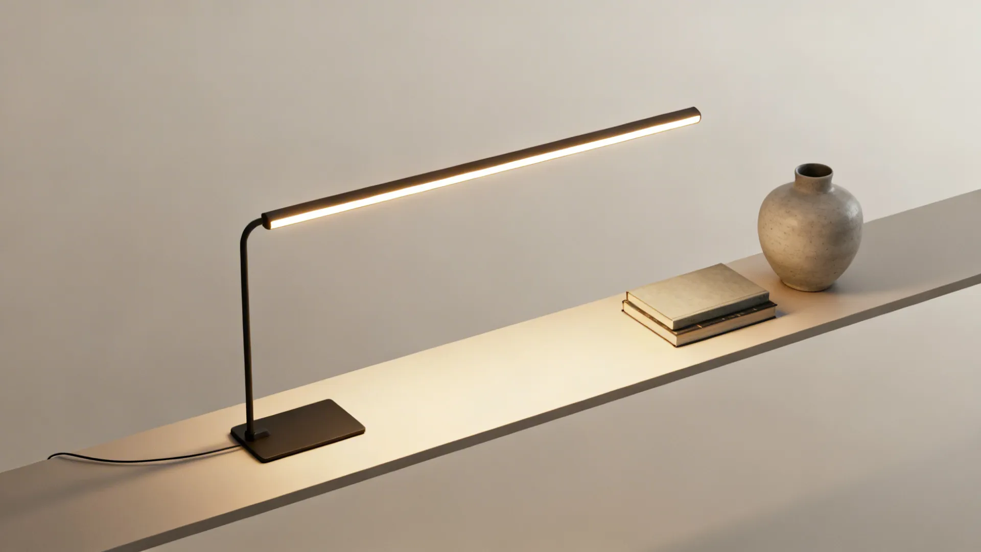 Slim integrated LED table lamp on a floating shelf showing scale and minimal profile.