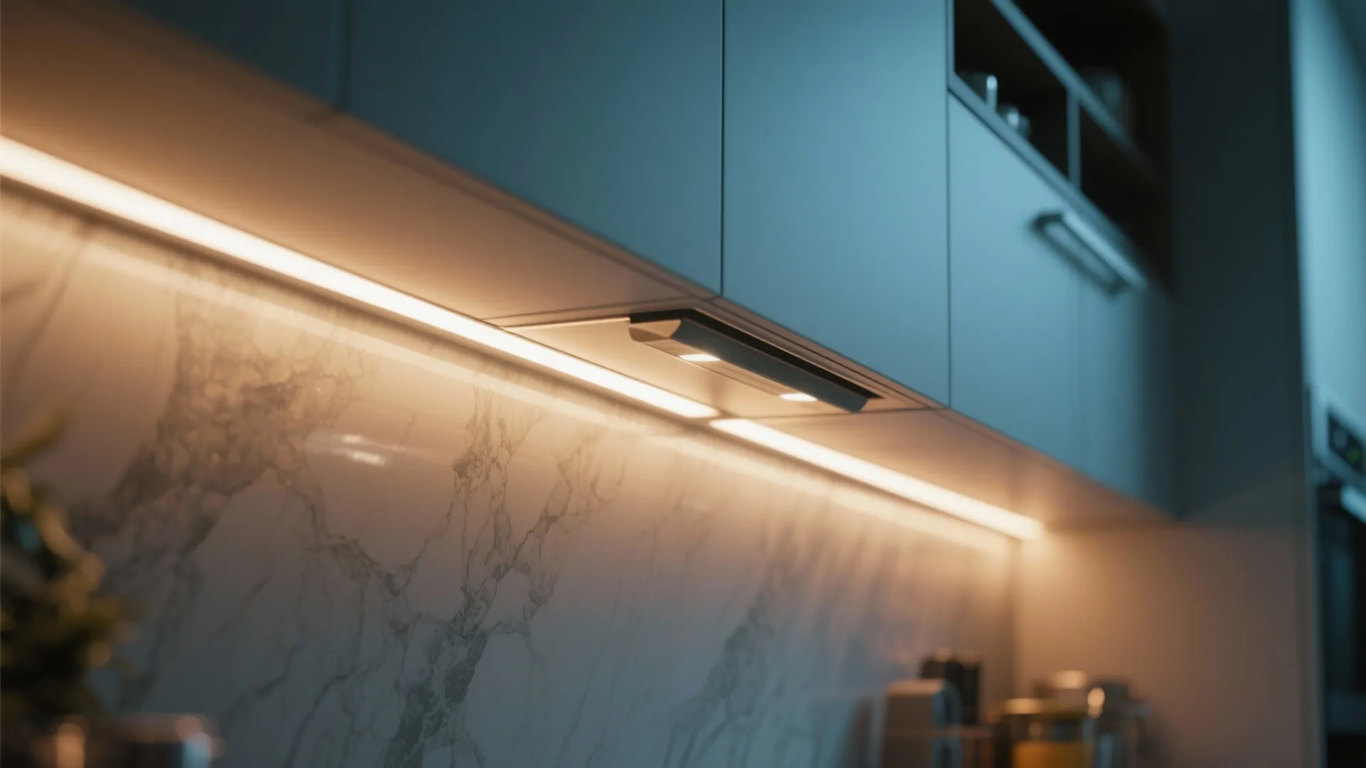 Warm light fixture strip installed under grey kitchen wall cabinet above a marble pattern wall