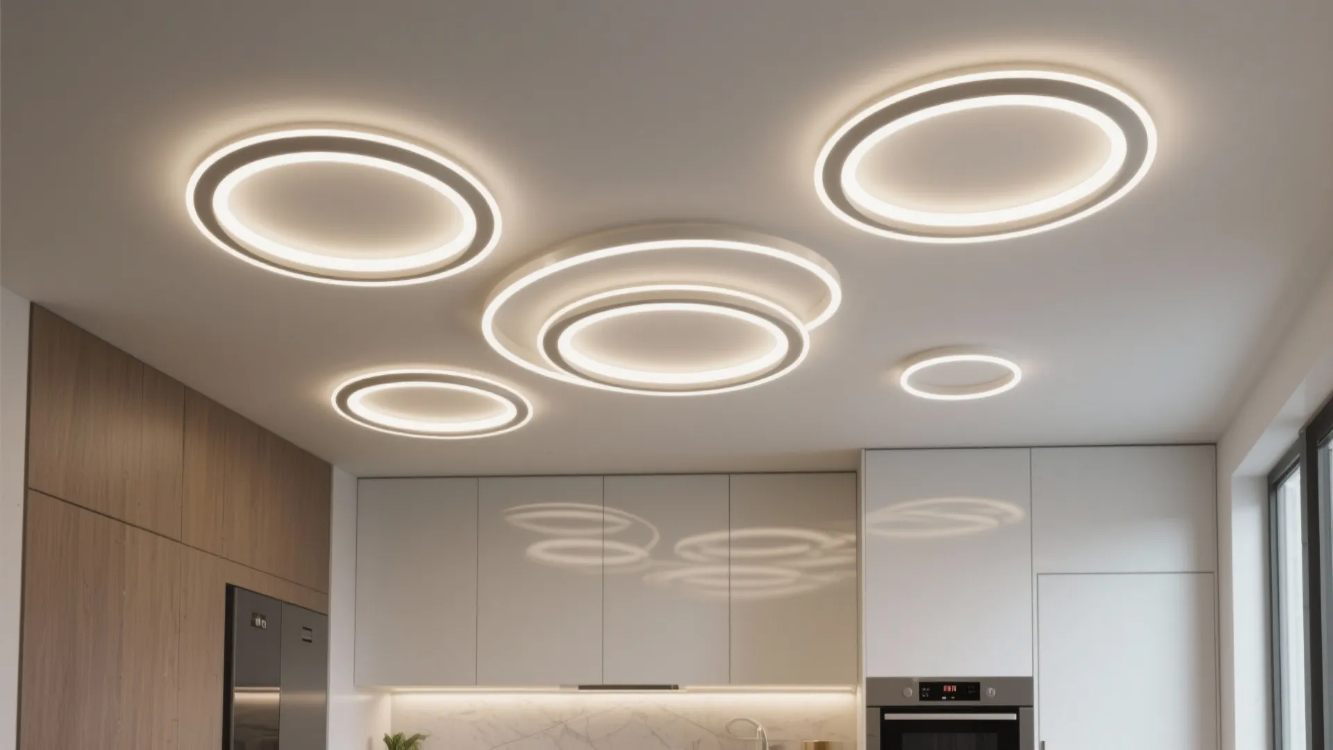 Bright kitchen with white cabinets featuring several circular ring shaped ceiling lights for modern illumination