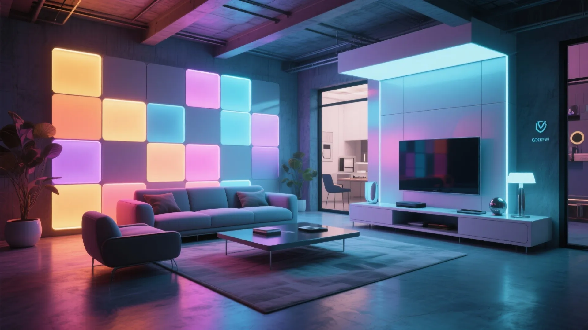 Modern loft with integrated LED panels on the wall