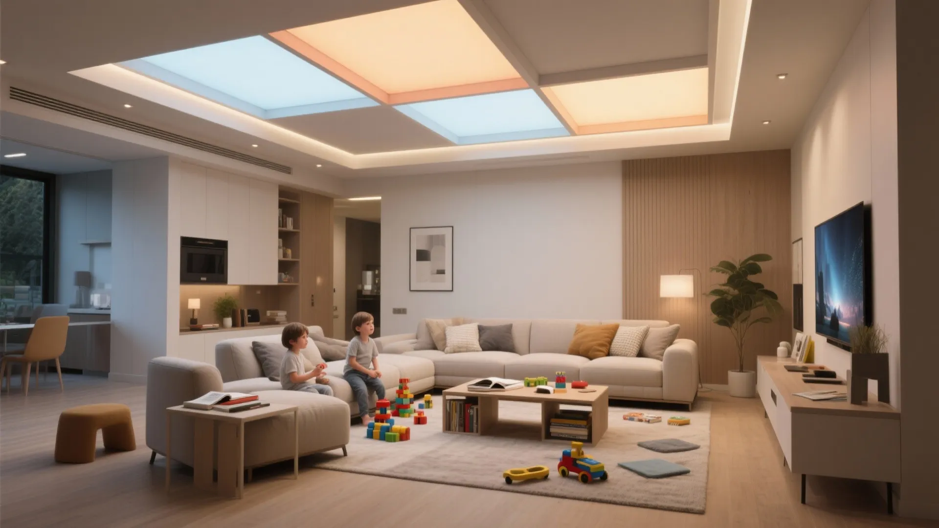 Modern living room with integrated ceiling light panels and kids playing on a large rug