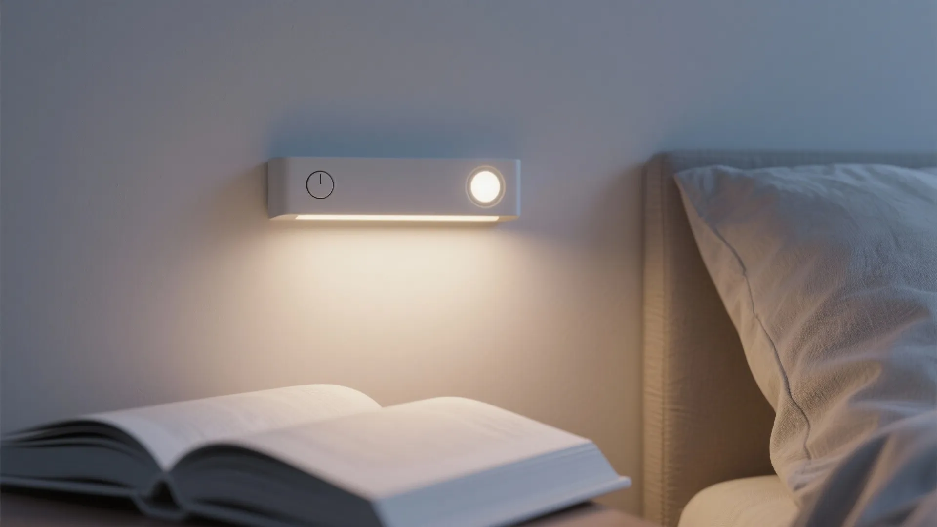 Minimalist white wall light above a bedside table with an open book and soft pillow