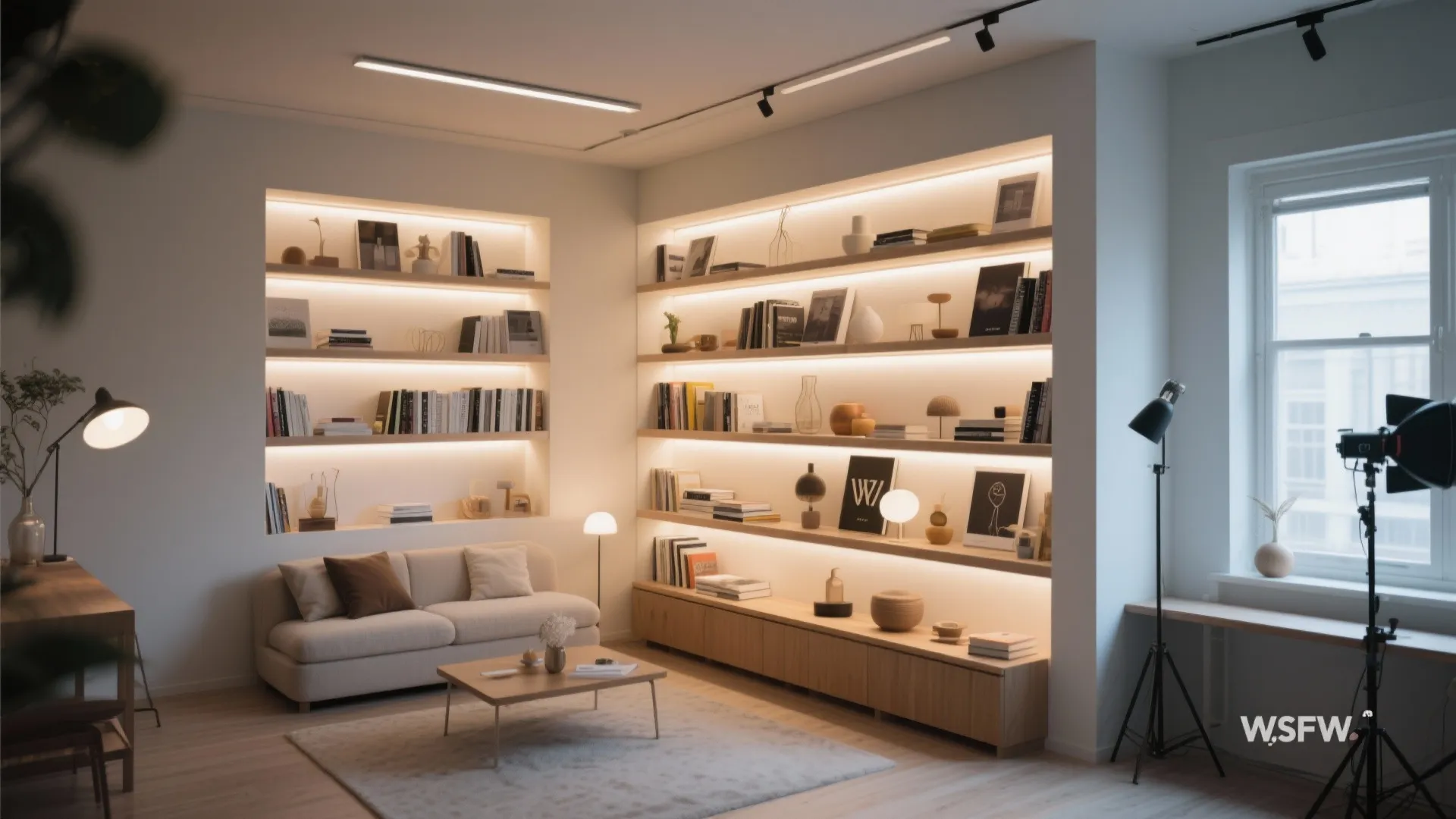 Living room with built-in wall shelves containing books and small light fixtures for soft atmosphere