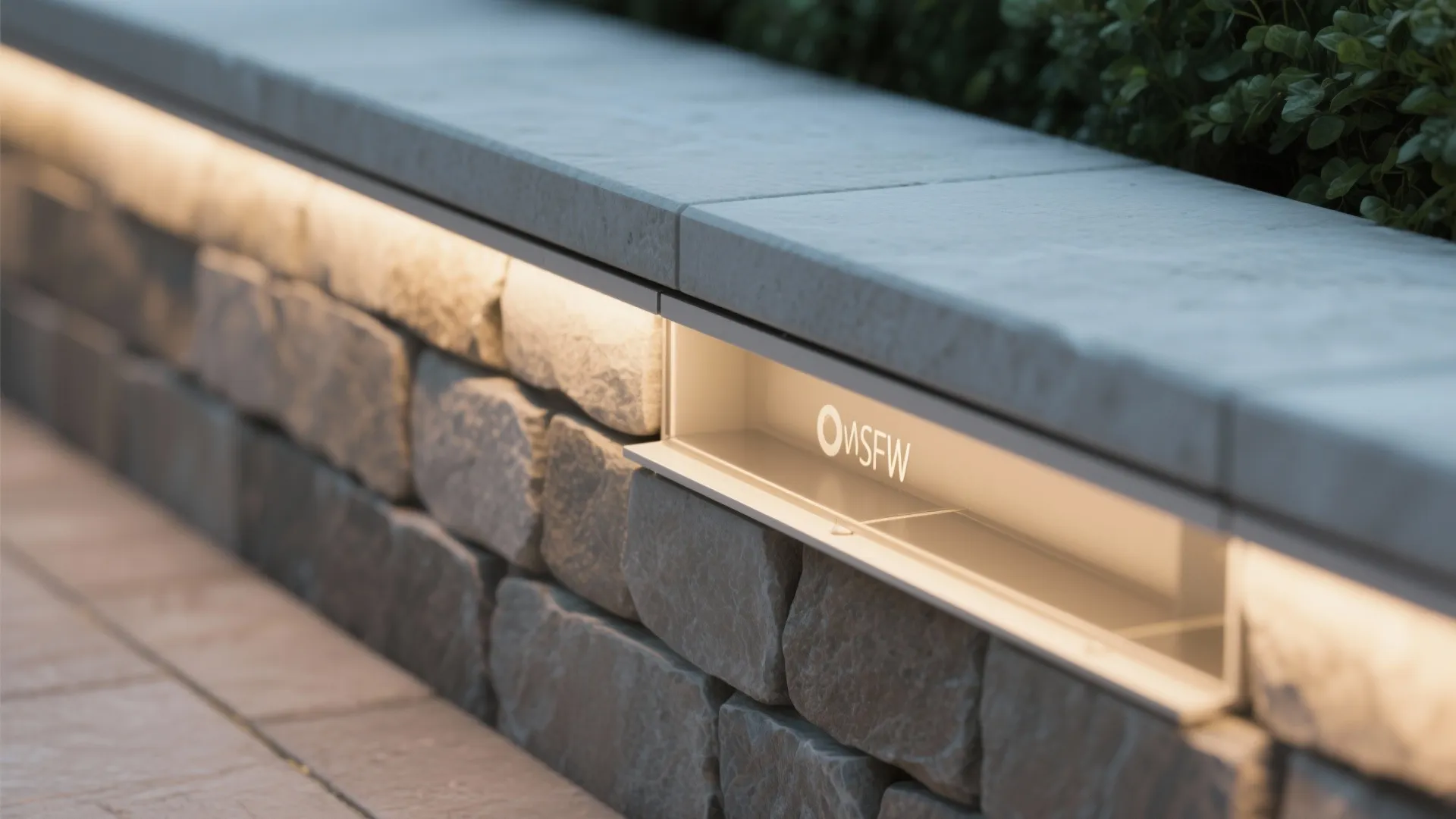 Concealed LED strip behind coping creating a continuous warm light band along a low stone wall.