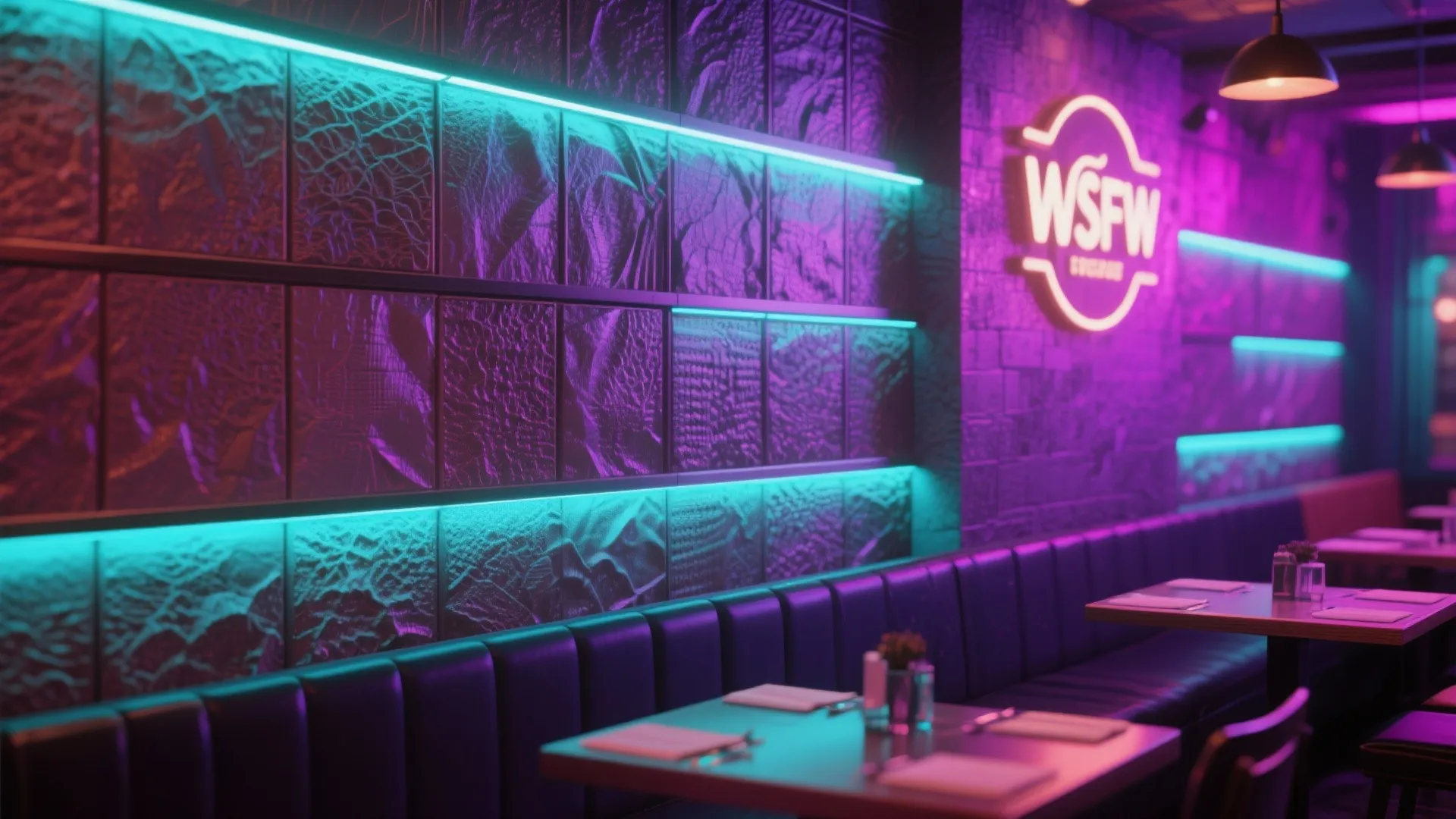 Modern restaurant interior featuring textured wall panels with purple and blue led light strip accents