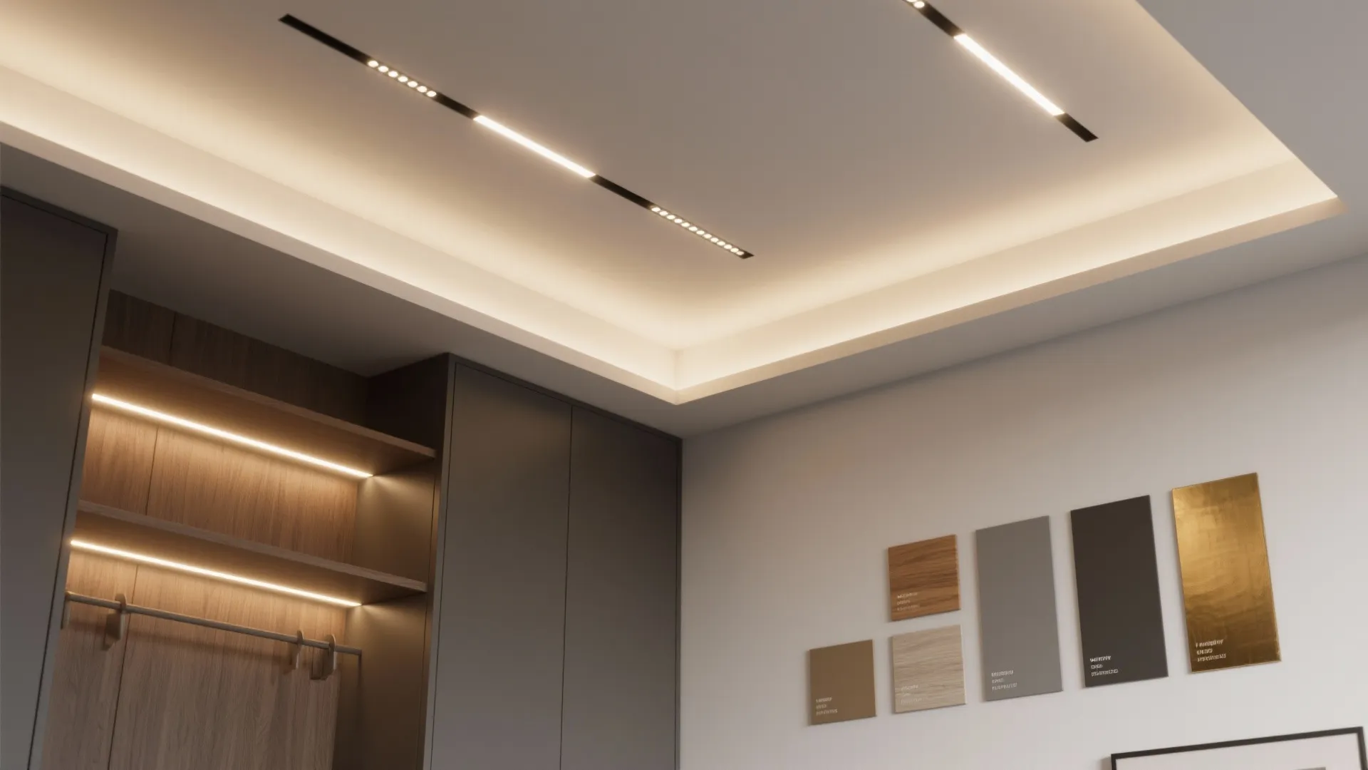 Modern ceiling with recessed light strips dark grey cabinet and decorative wall panels with samples