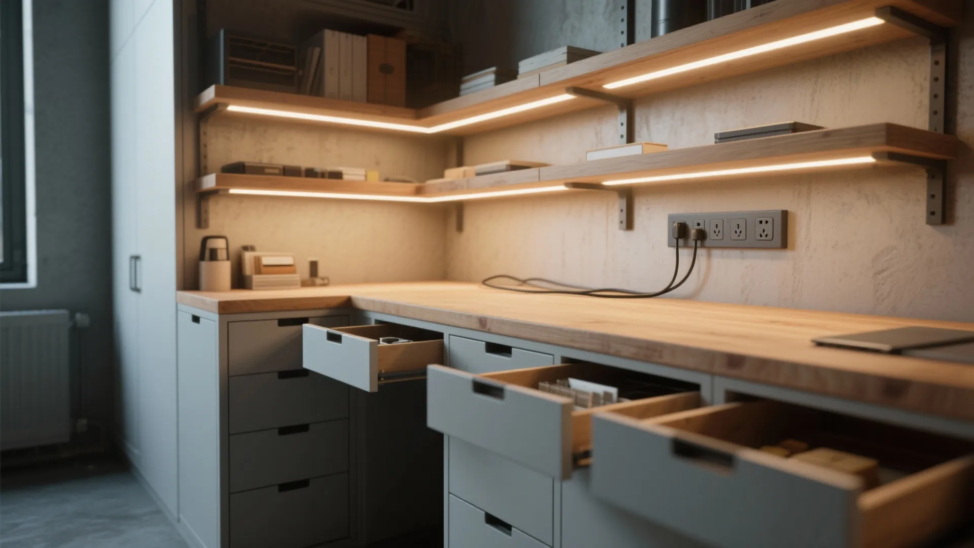 Modern desk with wooden top white drawers open shelves with strip lights and power outlet