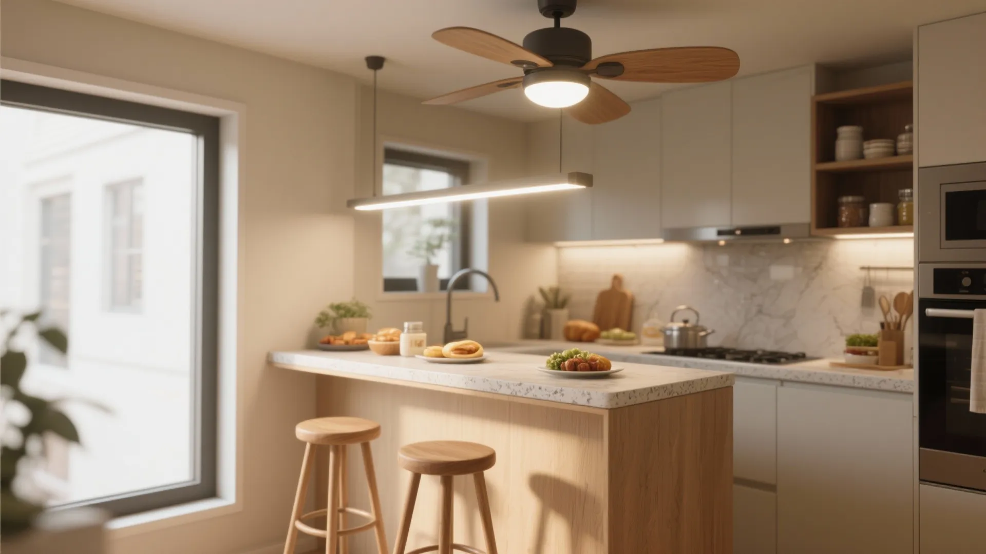 Small breakfast nook with an integrated LED light and fan fixture providing task lighting