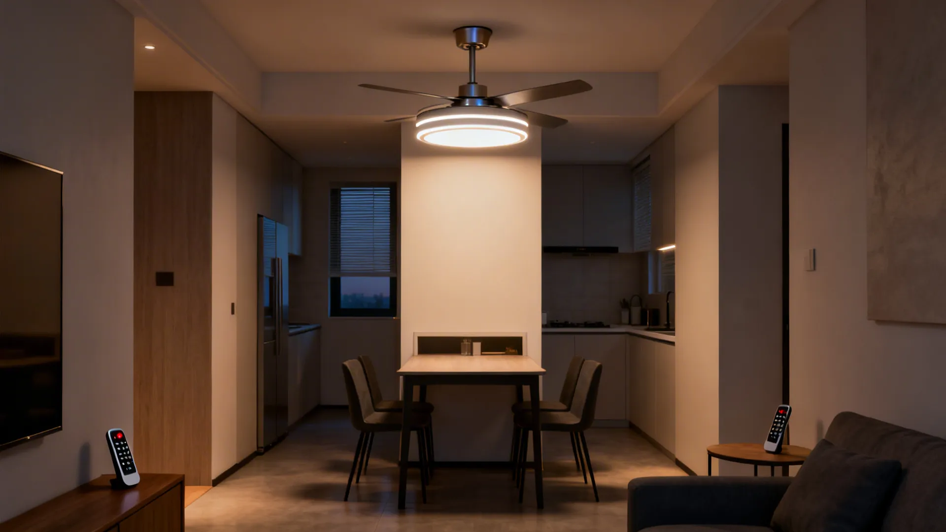 Small living area with a dual-purpose ceiling fan with integrated LED light over a compact dining nook.