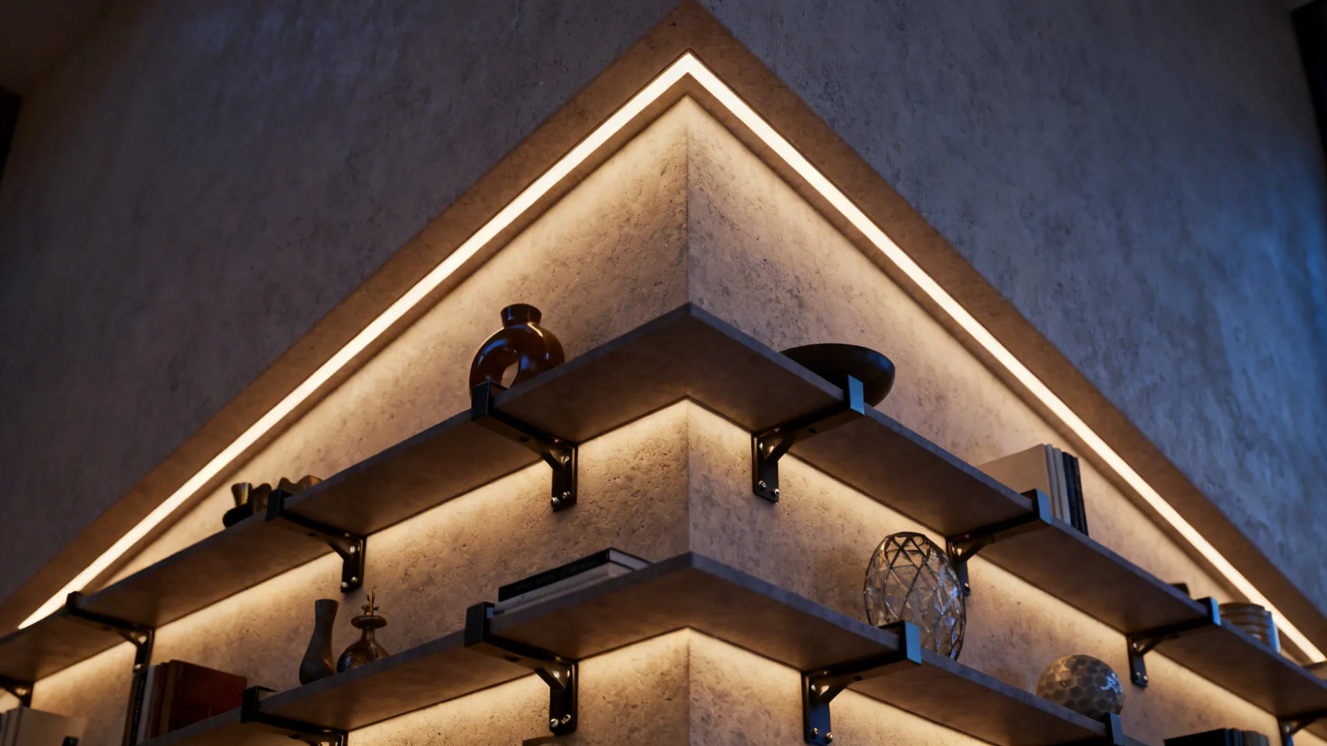 Close-up of integrated uplighting near a vaulted apex with staggered floating shelves.