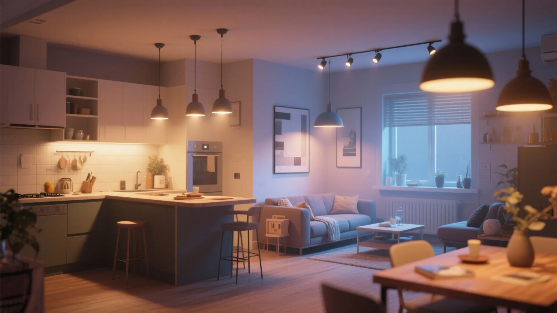 Open plan apartment at night with warm ceiling light hanging over kitchen island and sofa