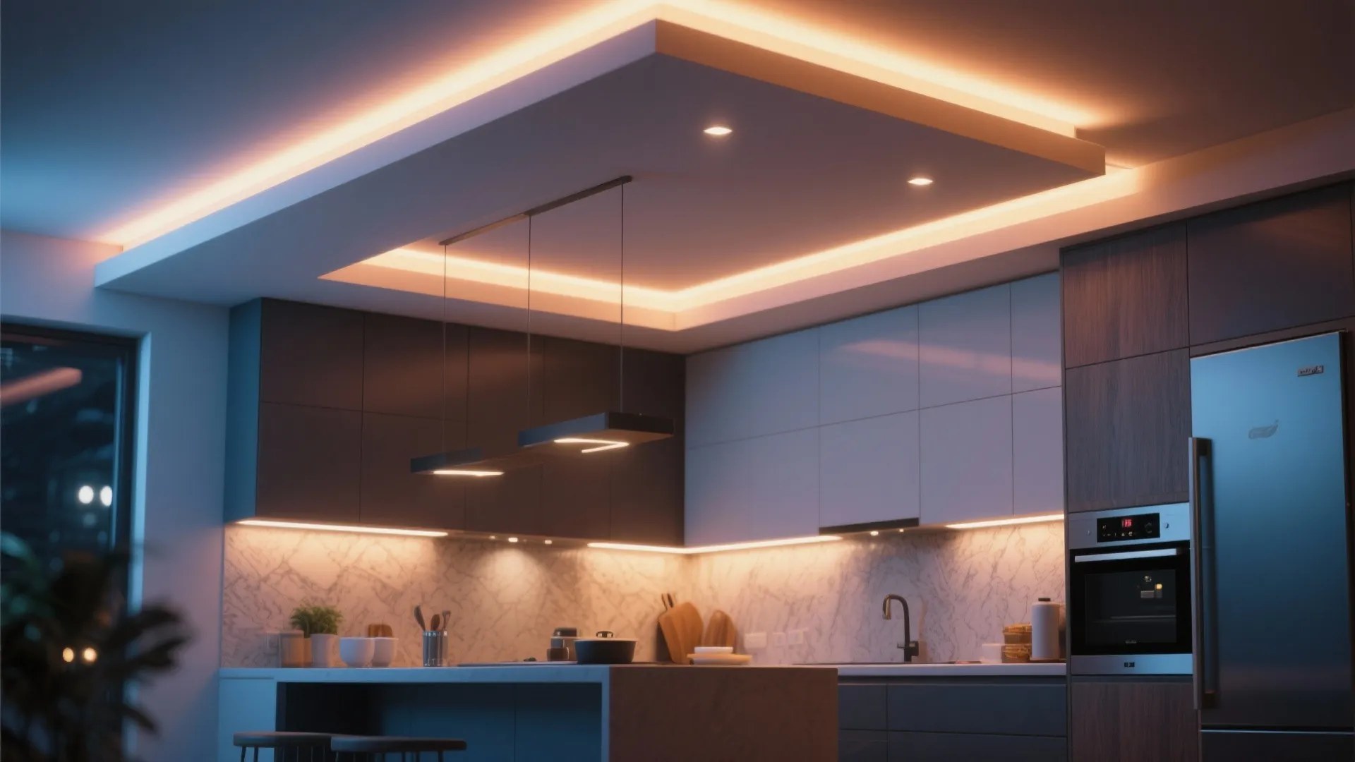 Modern kitchen with warm light fixture strips under cabinets and around a white ceiling layout