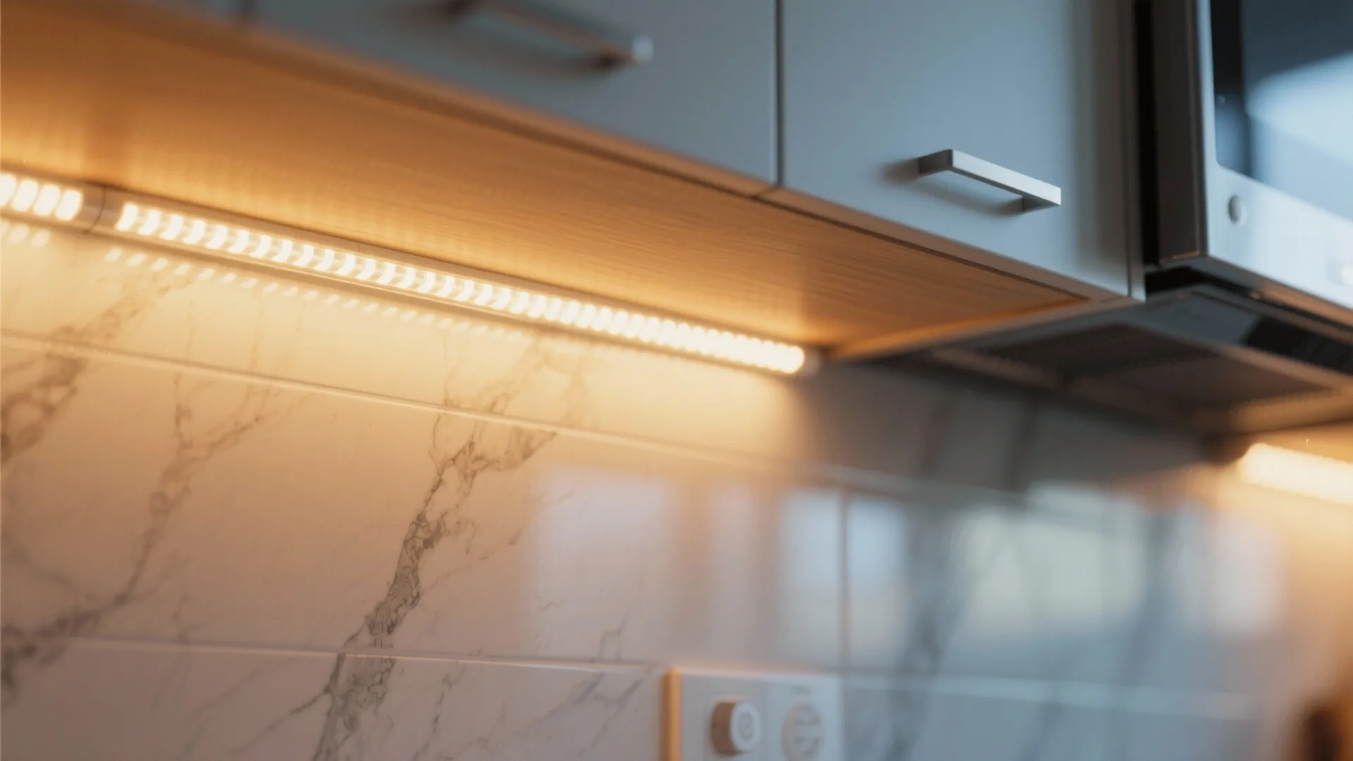 Bright light fixture strip installed under grey kitchen cabinets illuminating a white marble wall surface