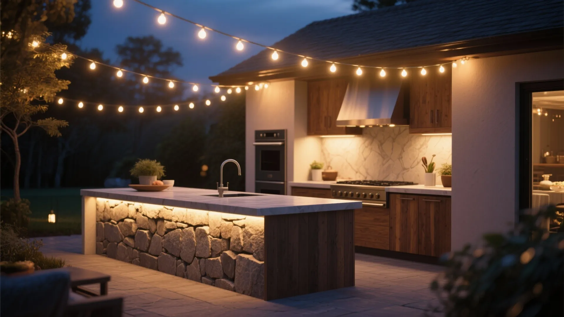 Outdoor kitchen with warm LED and string lighting at night
