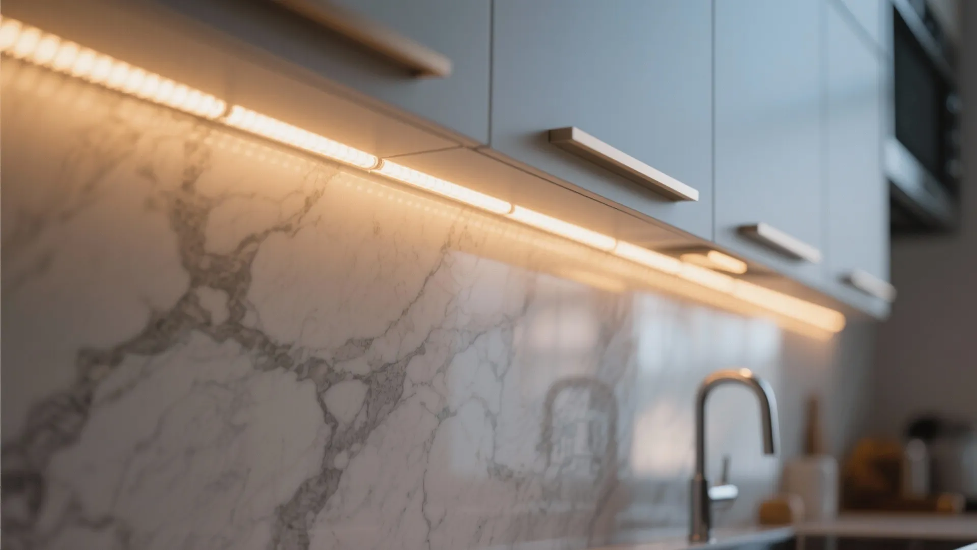 Under cabinet light fixture illuminating a marble wall backsplash and kitchen sink in a home