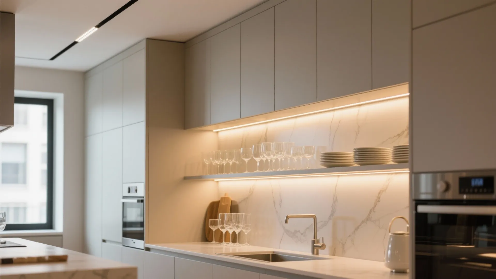 Modern kitchen with warm cabinet lighting over marble counter and glass shelf holding wine glasses