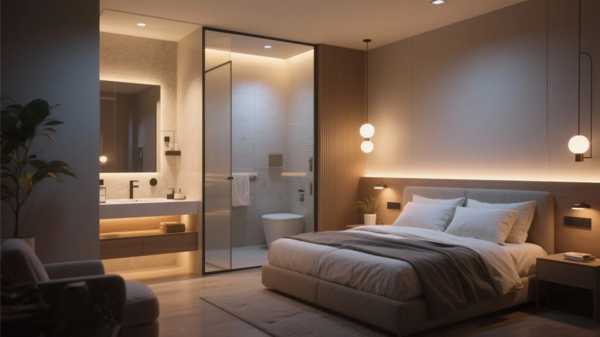 Modern bedroom with warm hidden light fixtures wooden wall panels and glass door bathroom ensuite