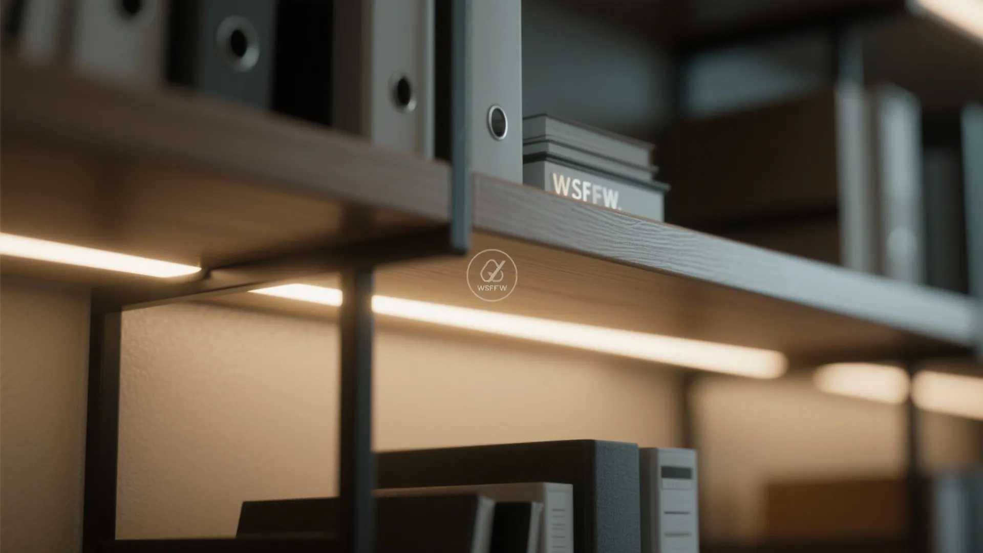 LED strip lights integrated under shelves in a small office