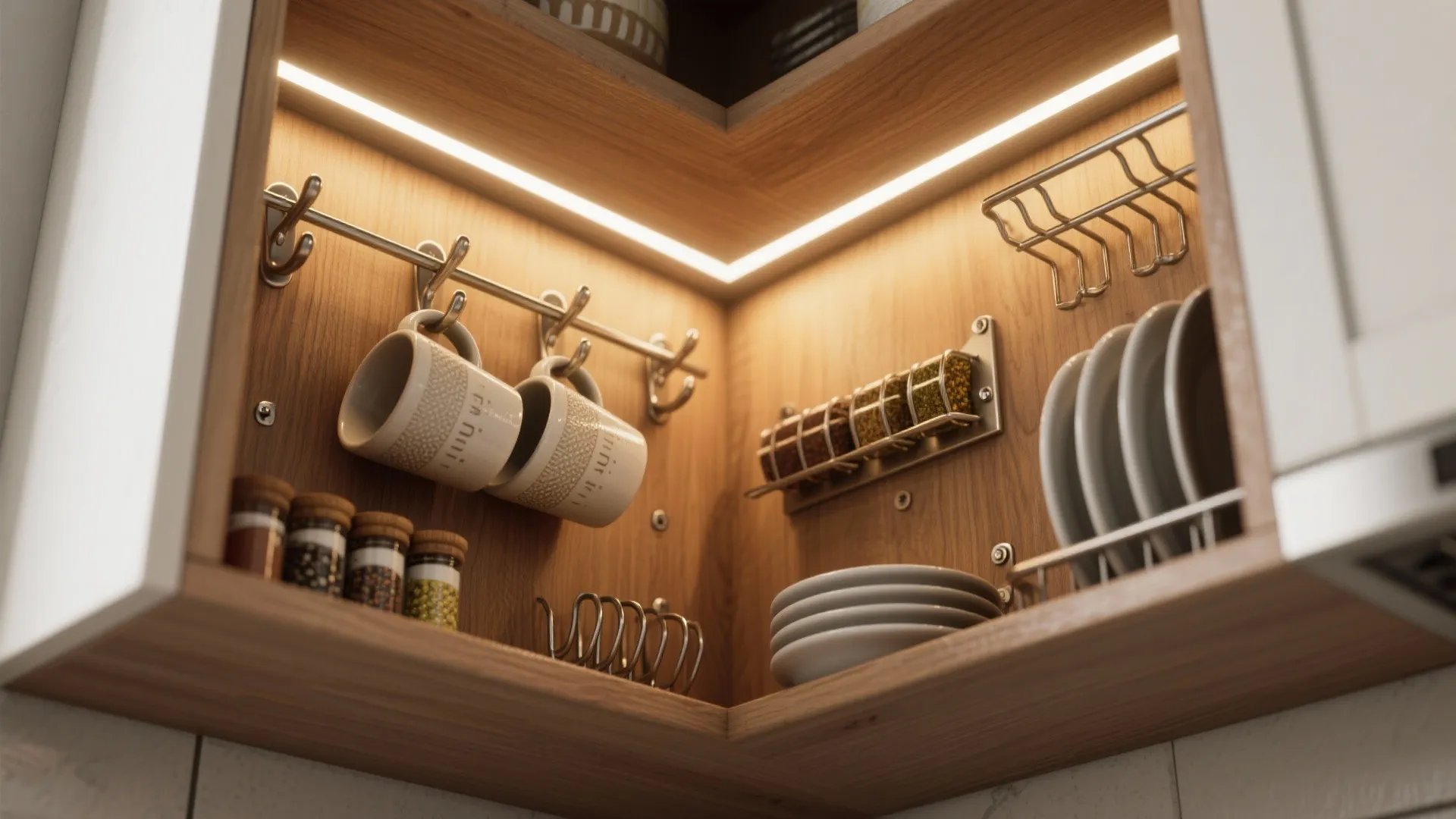 Idea 5: Corner cabinet with integrated lighting and micro-organization