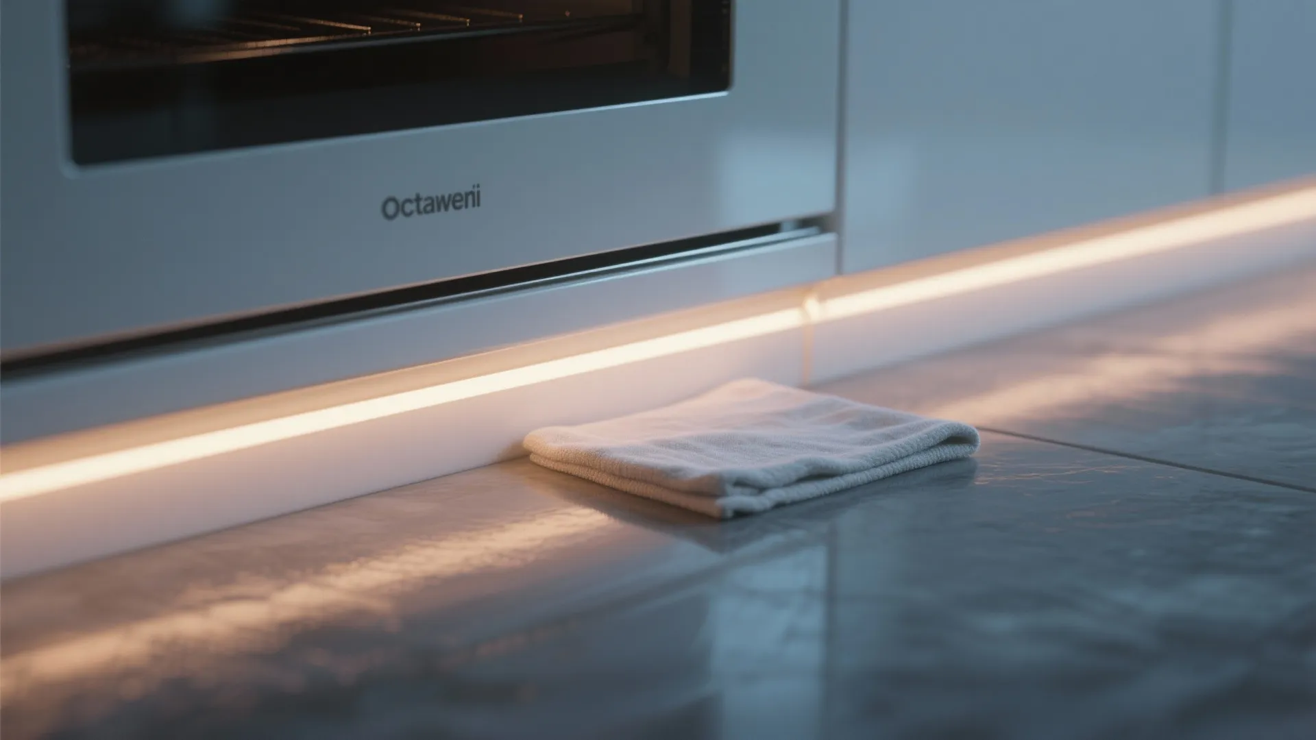 Under cabinet light strip glowing warm yellow light on a grey floor with a white cloth