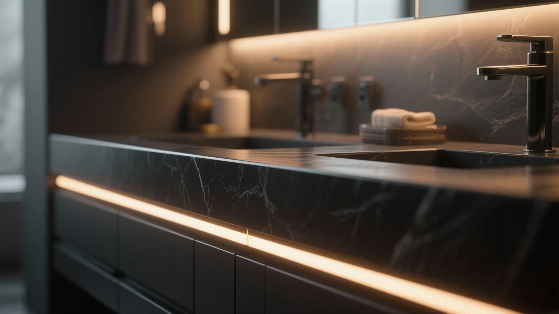 Modern black marble bathroom counter with integrated warm led light strips and two metal water taps